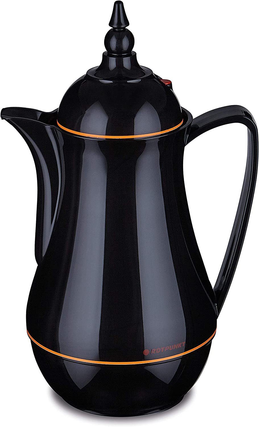 ROTPUNKT Isolierkanne 1,0 ltr. hochwertig I Glaseinsatz I Thermo I 24 std warm 36 Std kalt, 1 l, (Kaffeekanne I Teekanne, 911 black/clementine), Glaskolben aus doppelwandigem Rosalin-Glas