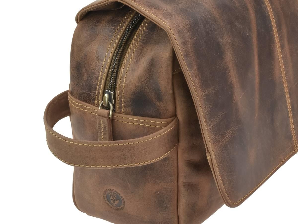 Greenburry Kulturbeutel "Vintage" Leder Kulturtasche zum Aufhängen zum Anhängen antik braun, Kosmetikbeutel, Waschtasche, für Damen und Herren, braun