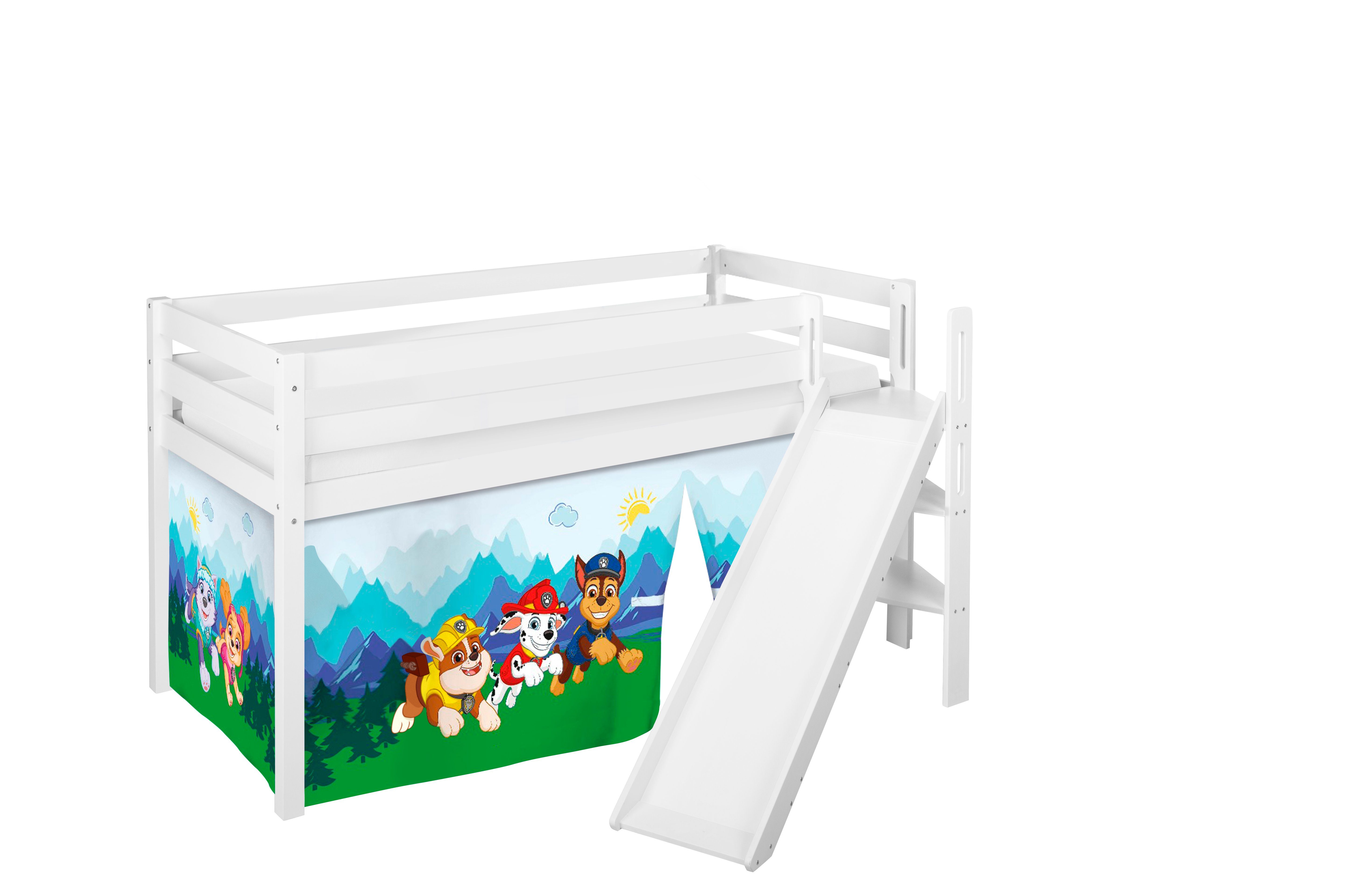 Lilokids Kinderbett Hochbett JELLE mit schräger Rutsche & Vorhang PAW PATROL 200x90