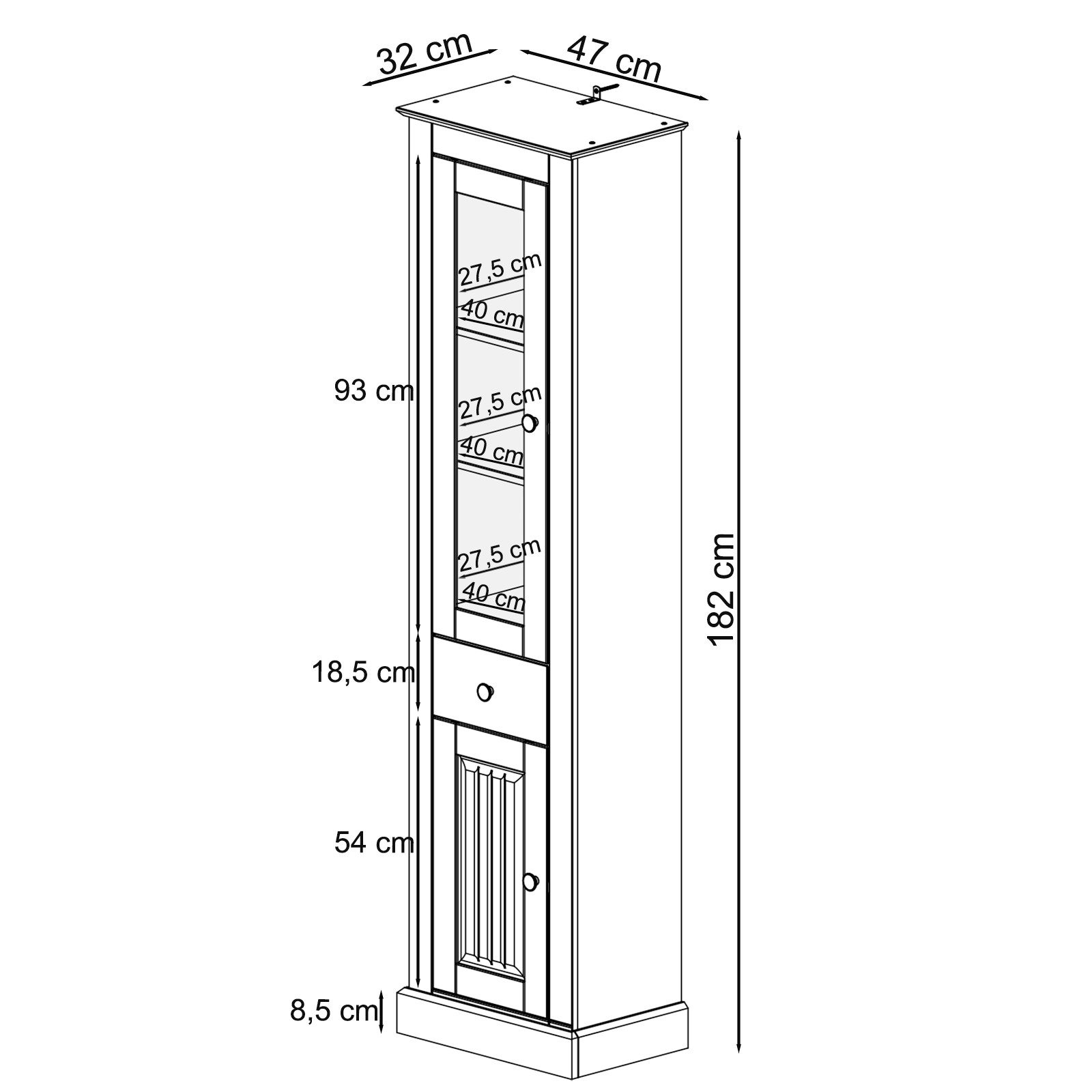 loft24 Vitrine Martin - Vitrinenschrank Glasvitrine Schrank Standvitrine 1 Tür mit Glasfront, 1 Schublade, Kiefer, Landhausstil