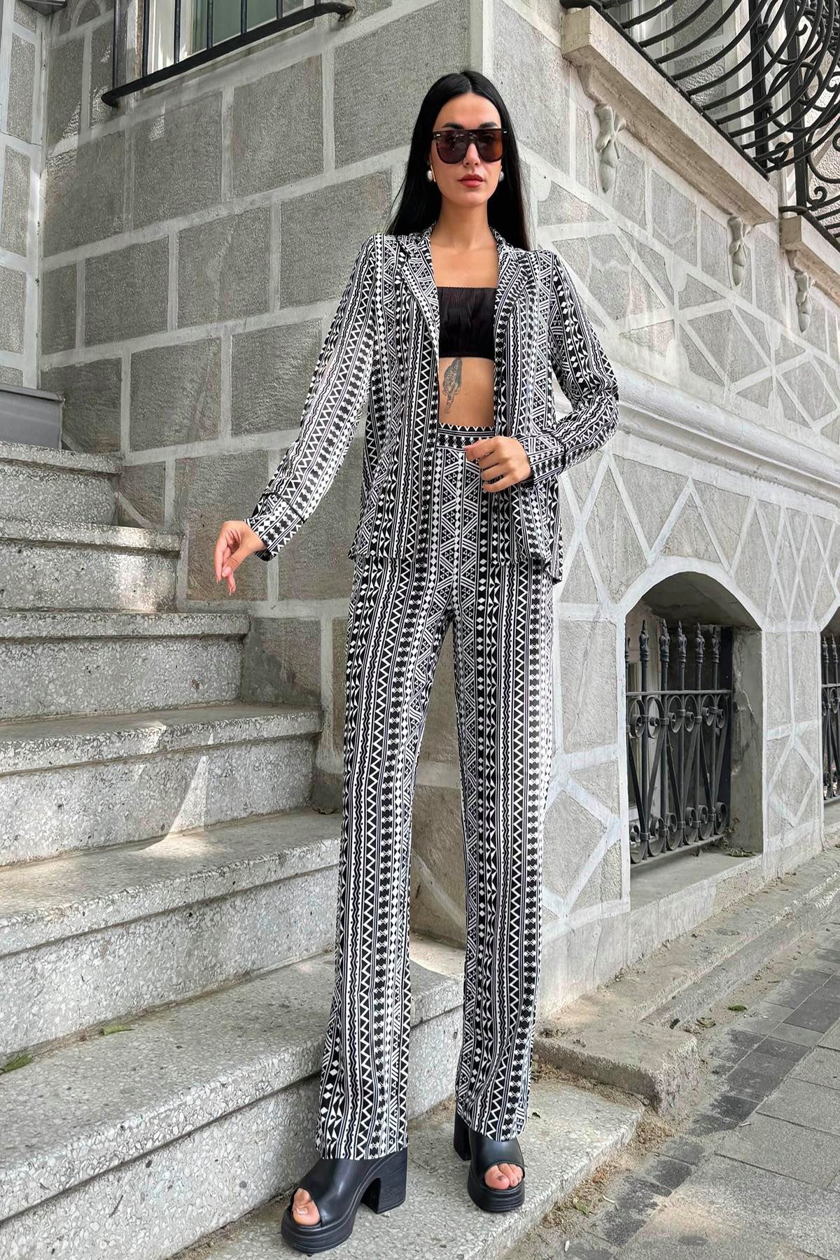 For You Moda Hosenanzug 3-teiliges Viskose gemustertes Bustier-Hosen-Set günstig online kaufen