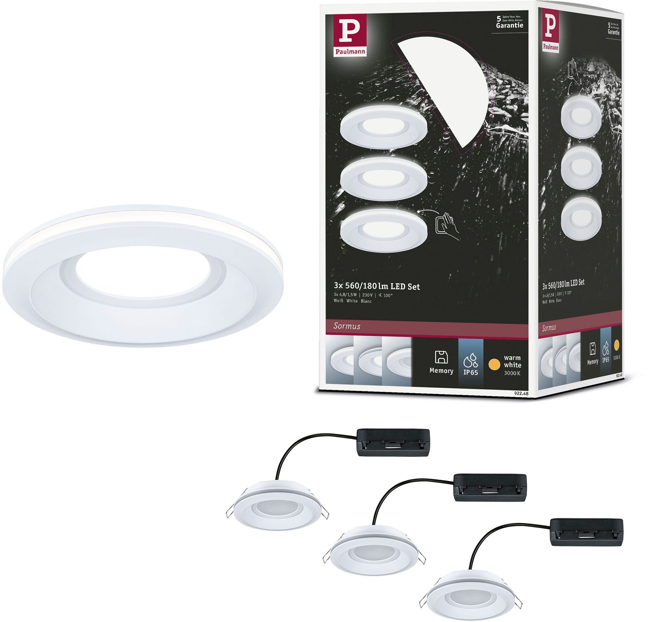 Paulmann LED Einbauleuchte LED Einbauleuchte Sormus IP65 rund 100mm, LED fest integriert, Warmweiß, Memoryfunktion
