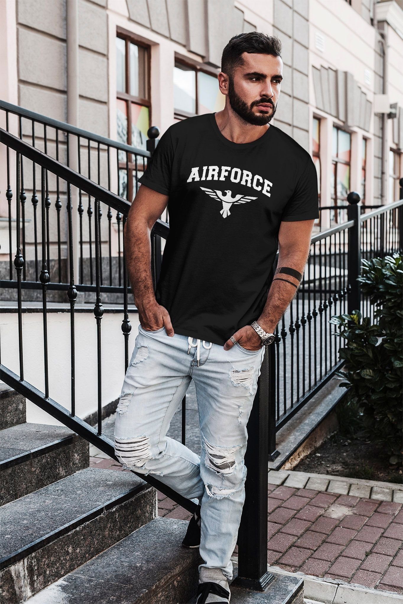 Print Airforce Neverless® mit Adler Army Militär T-Shirt Print-Shirt Herren T-Shirt US Streetstyle schwarz Neverless Fashion