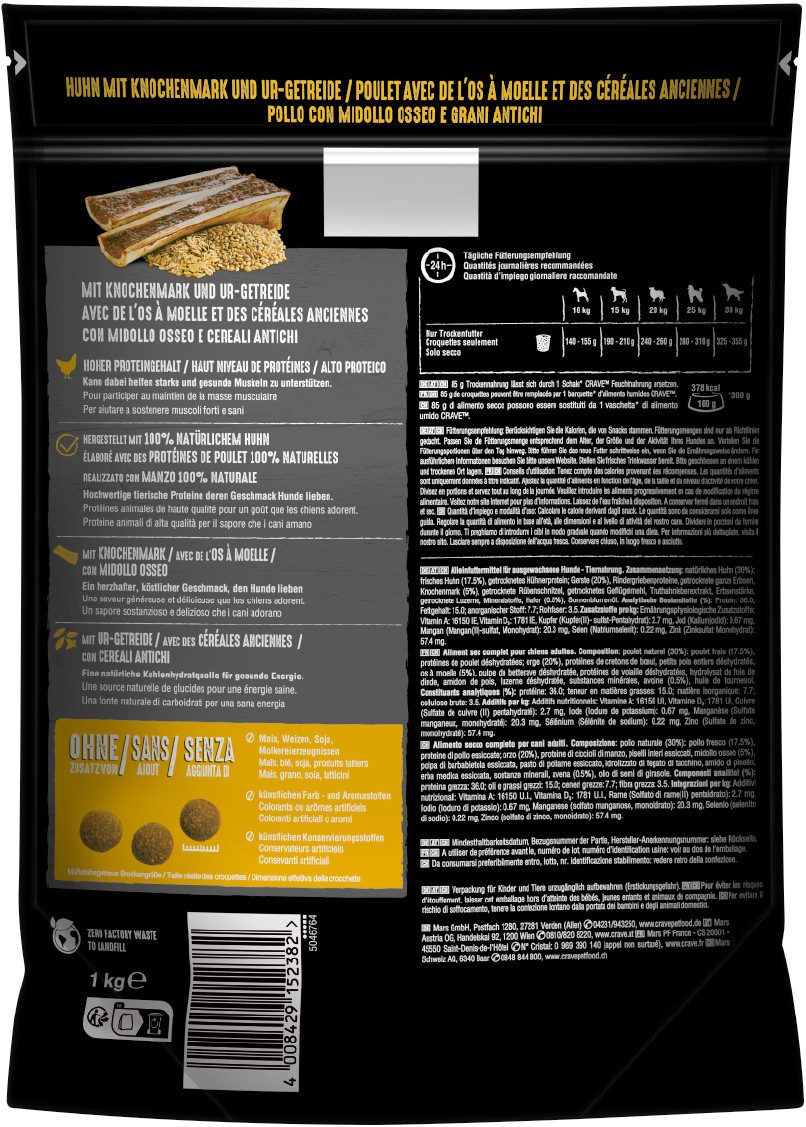 CRAVE CRAVE™ Hund Beutel mit Huhn, Knochenmark und Urgetreide 1kg, Trockenfutter für: Hunde