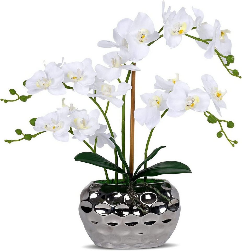 Kunstorchidee Zggzerg Kunst Orchidee weiße Orchidee in silberfarbenem Topf,  zggzerg