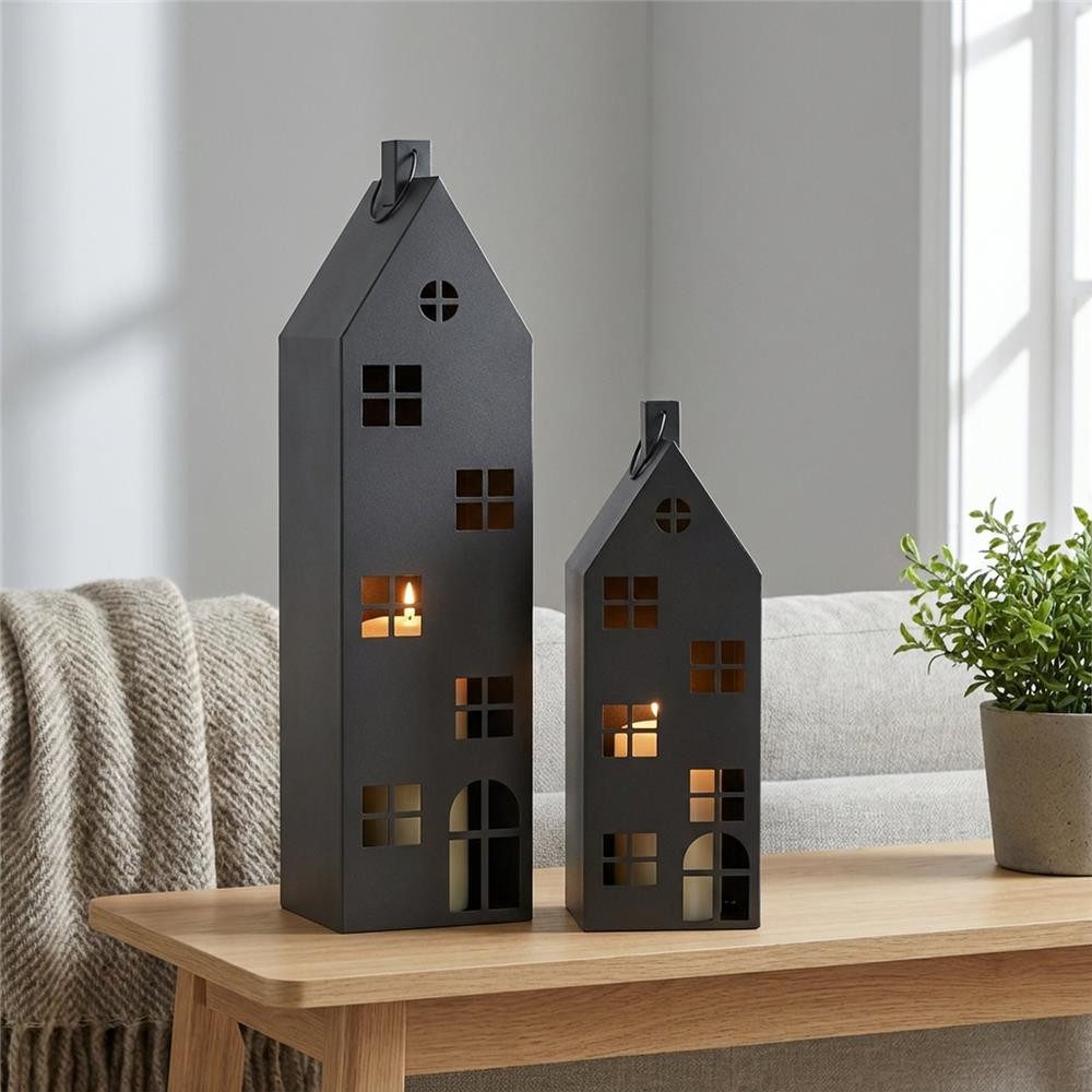 BOLTZE Kerzenlaterne Laterne Alba 2er Set Metall schwarz Haus, Haus-Design, großformatig, pulverbeschichtet, Bodendeko