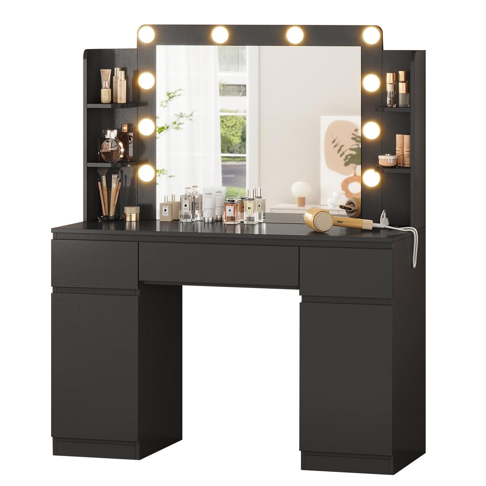 MSMASK Schminktisch mit LED-Beleuchtung, 3 Schubladen, Steckdosen & dimmbar günstig online kaufen