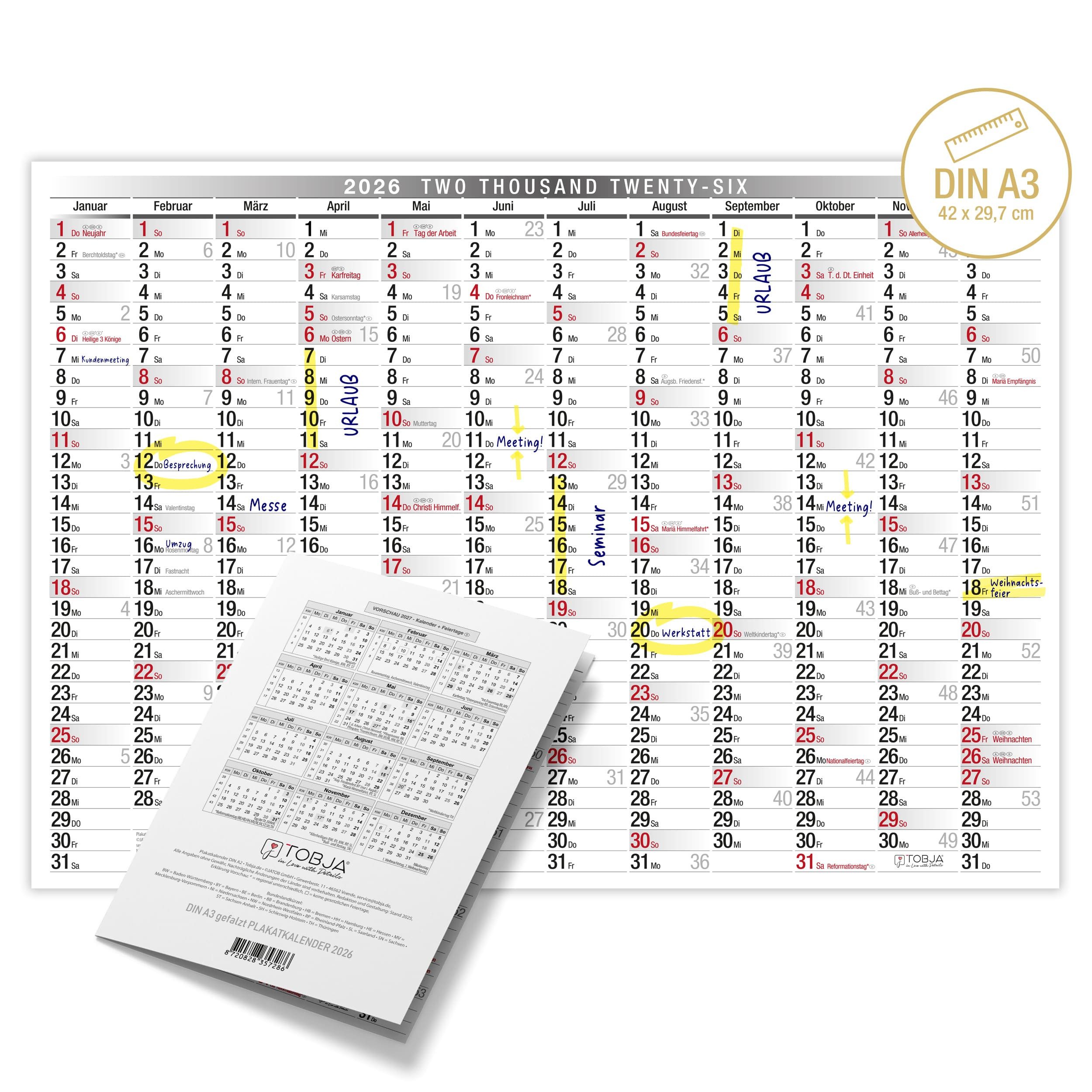 TOBJA Wandkalender Plakatkalender Wandkalender 2026 in DIN A3, Jahreskalender Büro Kalender 2026 Feiertagen Jahresplaner 30 x 42 cm