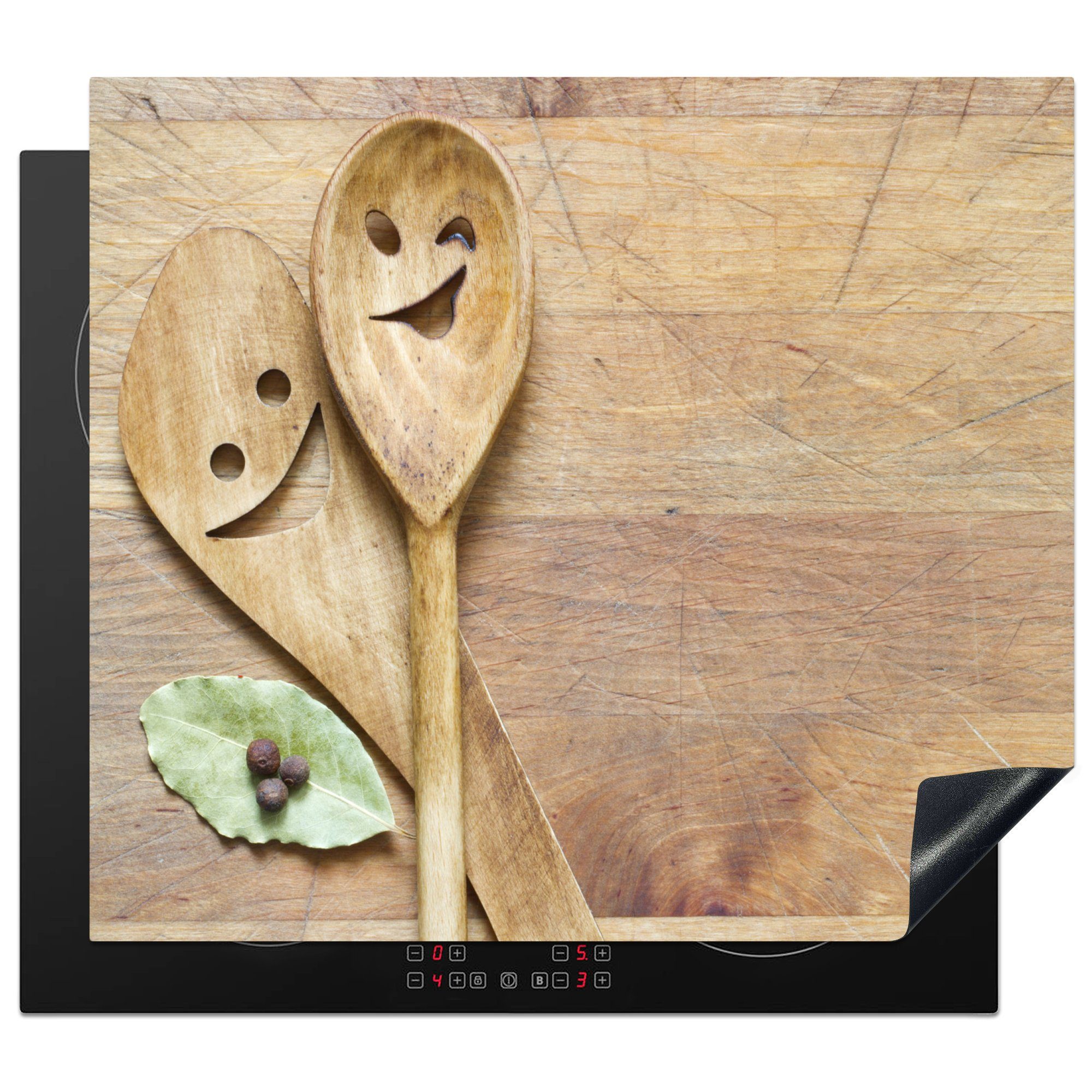 MuchoWow Herd-Abdeckplatte Holz - Löffel - Braun - Smiley, Vinyl, (1 tlg), Küche Herdabdeckplatte Ceranfeld Vinyl Einteilig, 59x52 cm