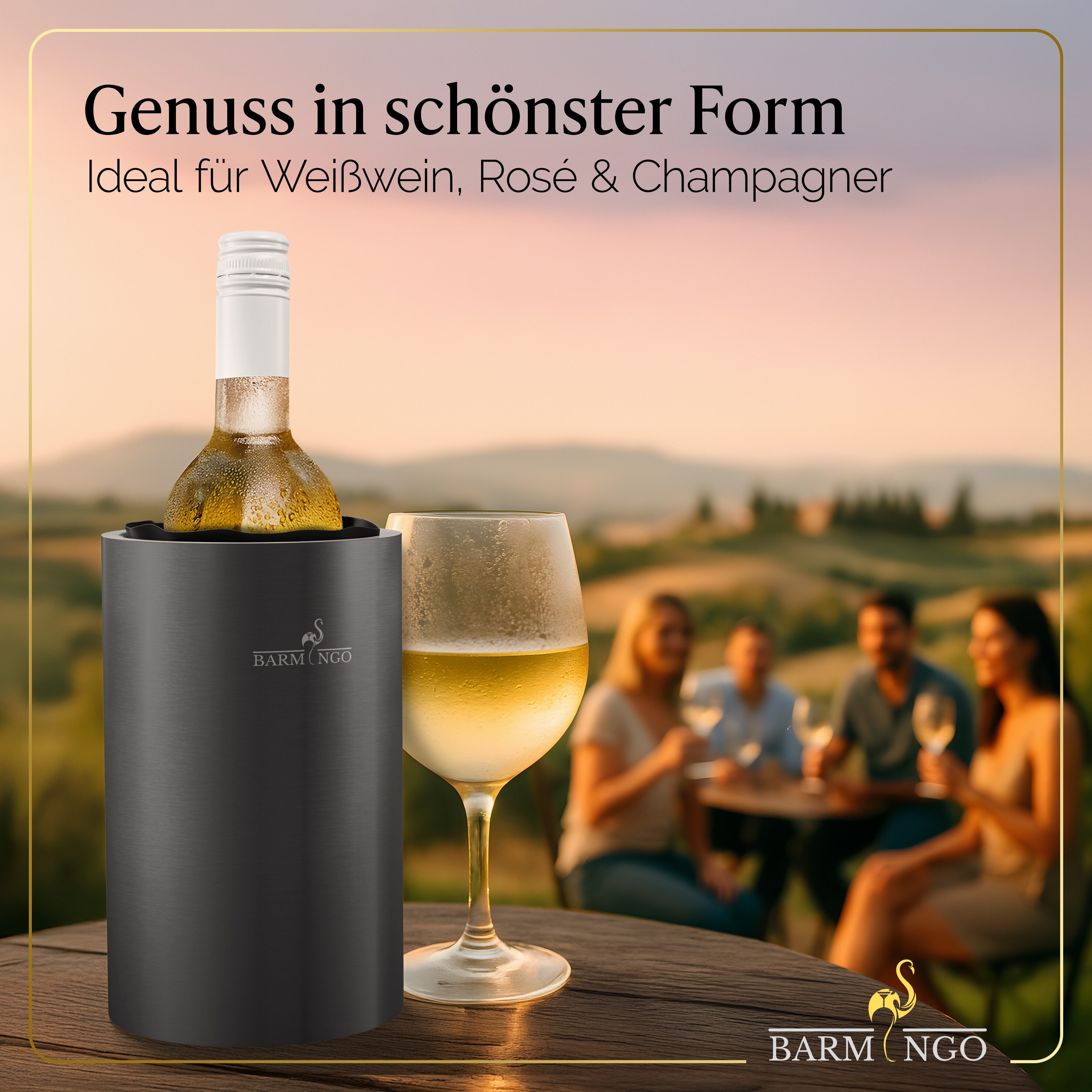 BARMINGO Wein- und Sektkühler Edelstahl mit 2 Kühlmanschetten, Weinflaschenkühler & Getränkekühler, doppelwandiger Flaschenkühler für Wein, Sekt & Champagner – Bild 4 von 5