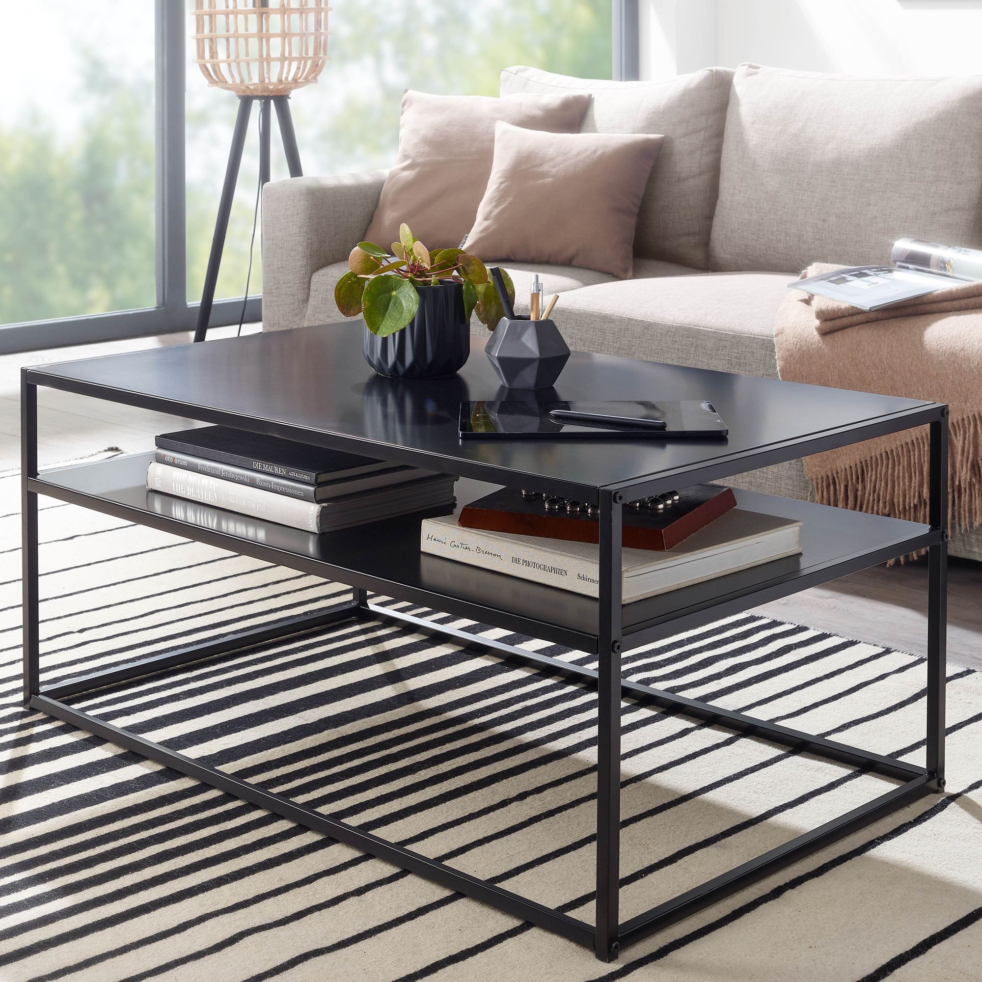 FINEBUY Couchtisch FB78883 rechteckig 100cm Metall Schwarz Ablage Wohnzimmertisch (100x60x45 cm, Sofatisch mit Stauraum Schwarz), Wohnzimmertisch Kaffeetisch mit Metall-Gestell