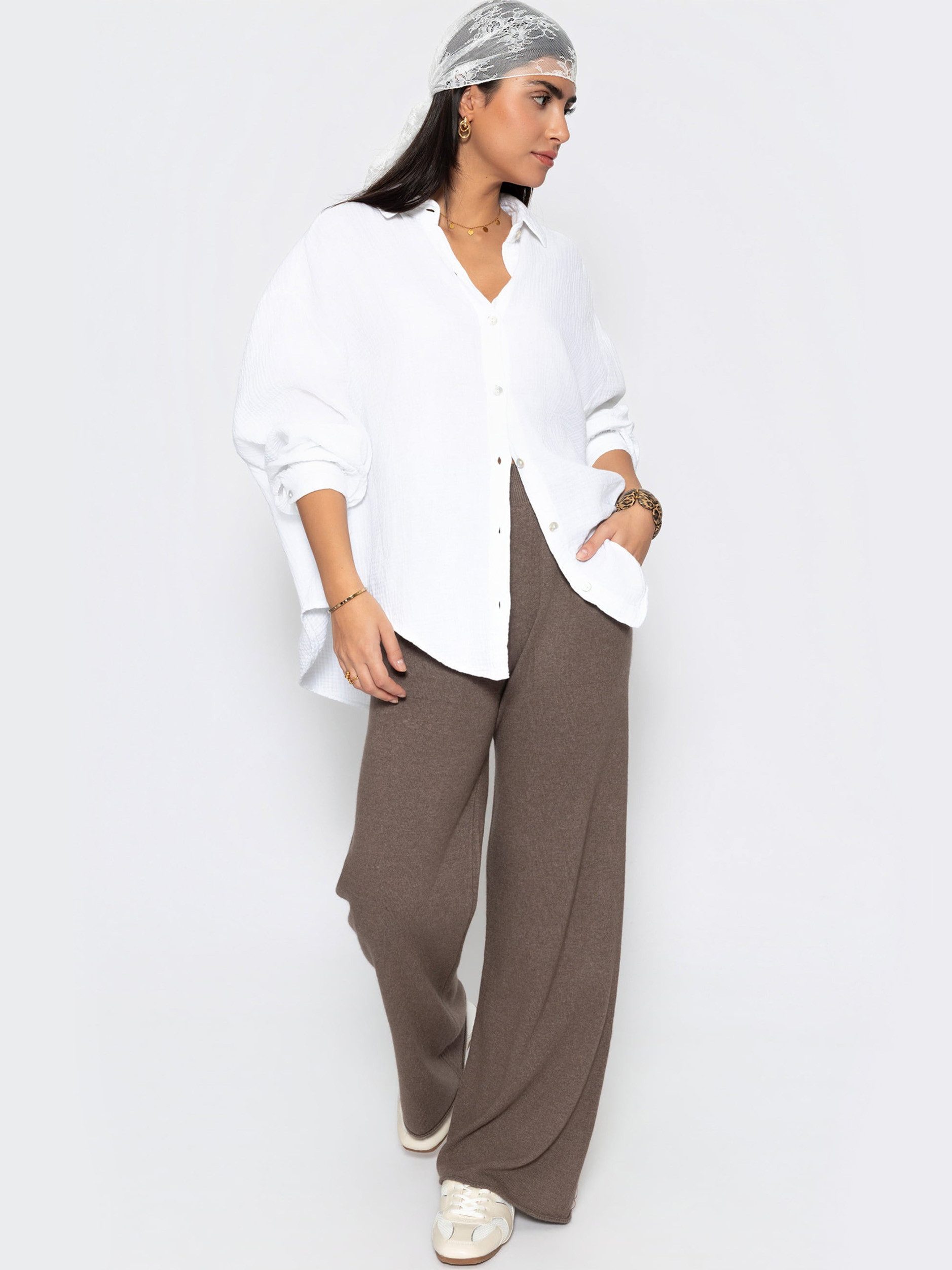 SASSYCLASSY Stoffhose Strickhose mit Kaschmiranteil für Damen Weiche Hose mit elastischem Bund und seitlichen Taschen Grau Taupe