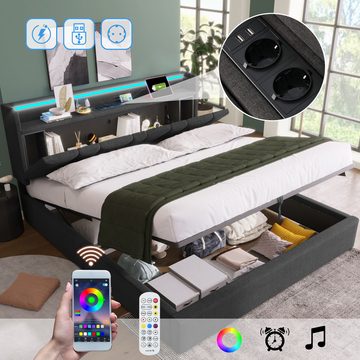MODFU Polsterbett Doppelbett mit aufladen USB Ladefunktion (Stauraumbetten Bettgestell, Stauraum-Kopfteil und LED-Beleuchtung), Lattenrost aus Holz, 140 x 200 cm ohne Matratze