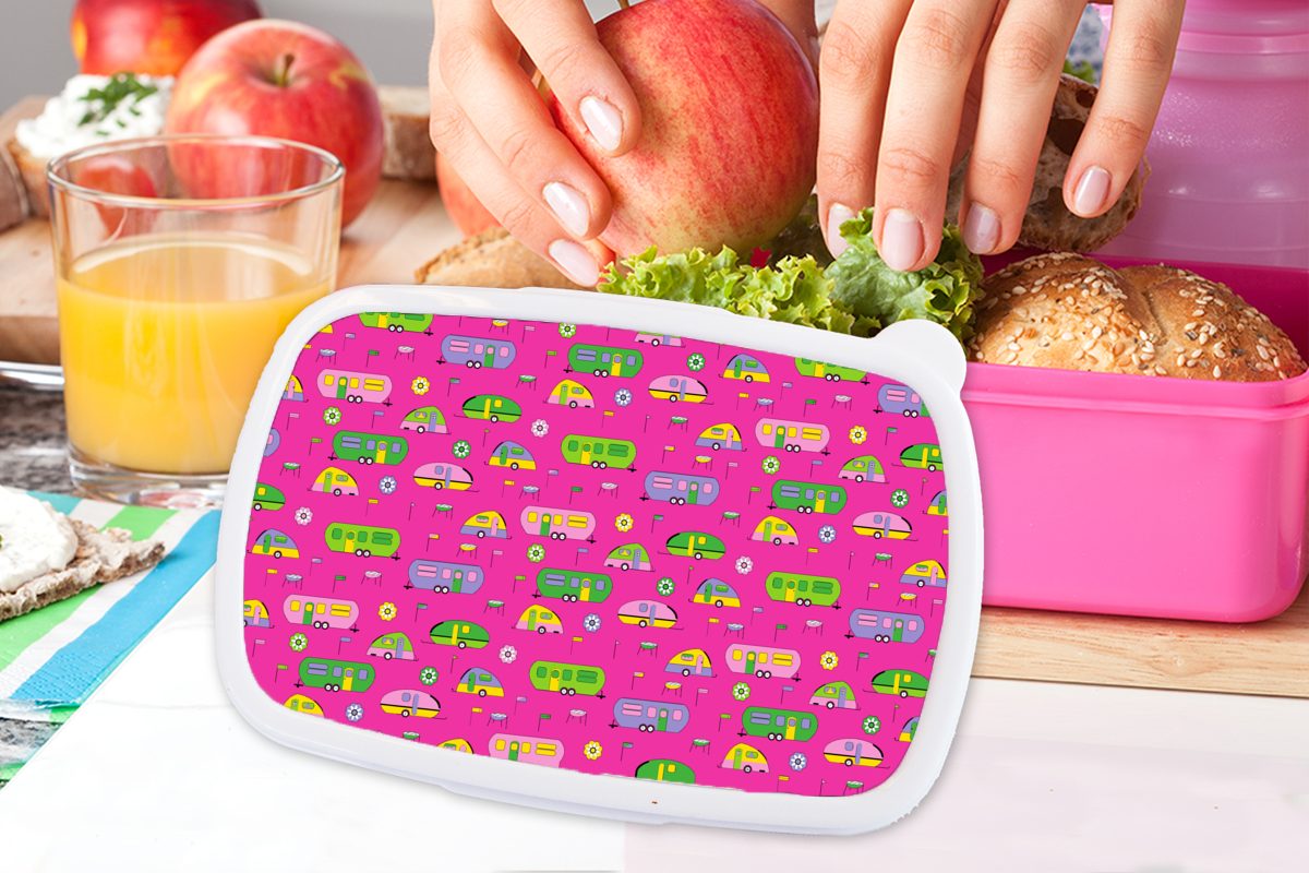 Kunststoff Brotbox (2-tlg), Mädchen, Brotdose Schnittmuster, - Lunchbox - rosa Kinder, MuchoWow Wohnwagen Snackbox, Sommer Kunststoff, für Erwachsene,