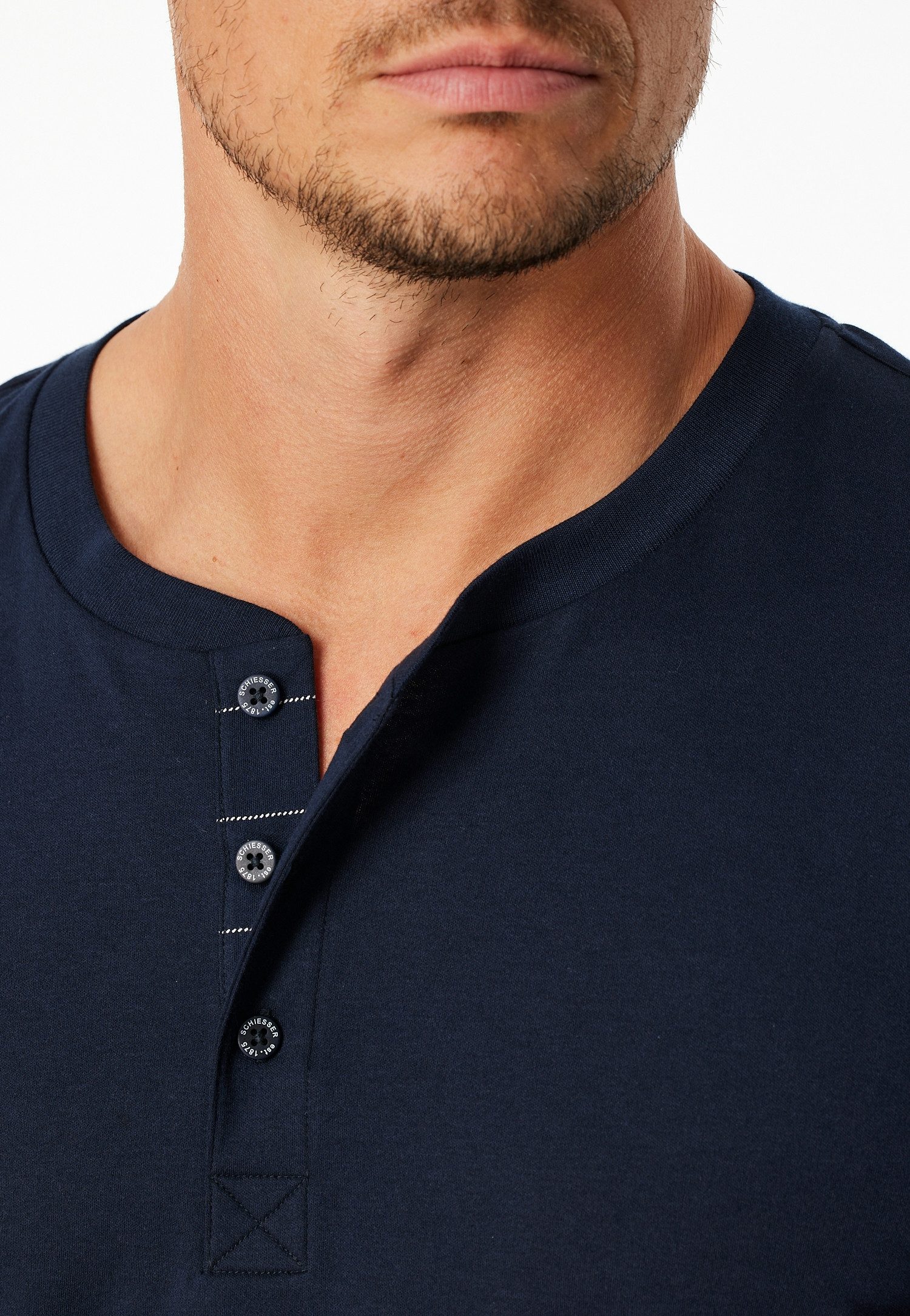Schiesser Pyjama Fine Interlock (2 tlg) Rundhalsausschnitt mit Kopfleiste, langärmelig, Komfortbund