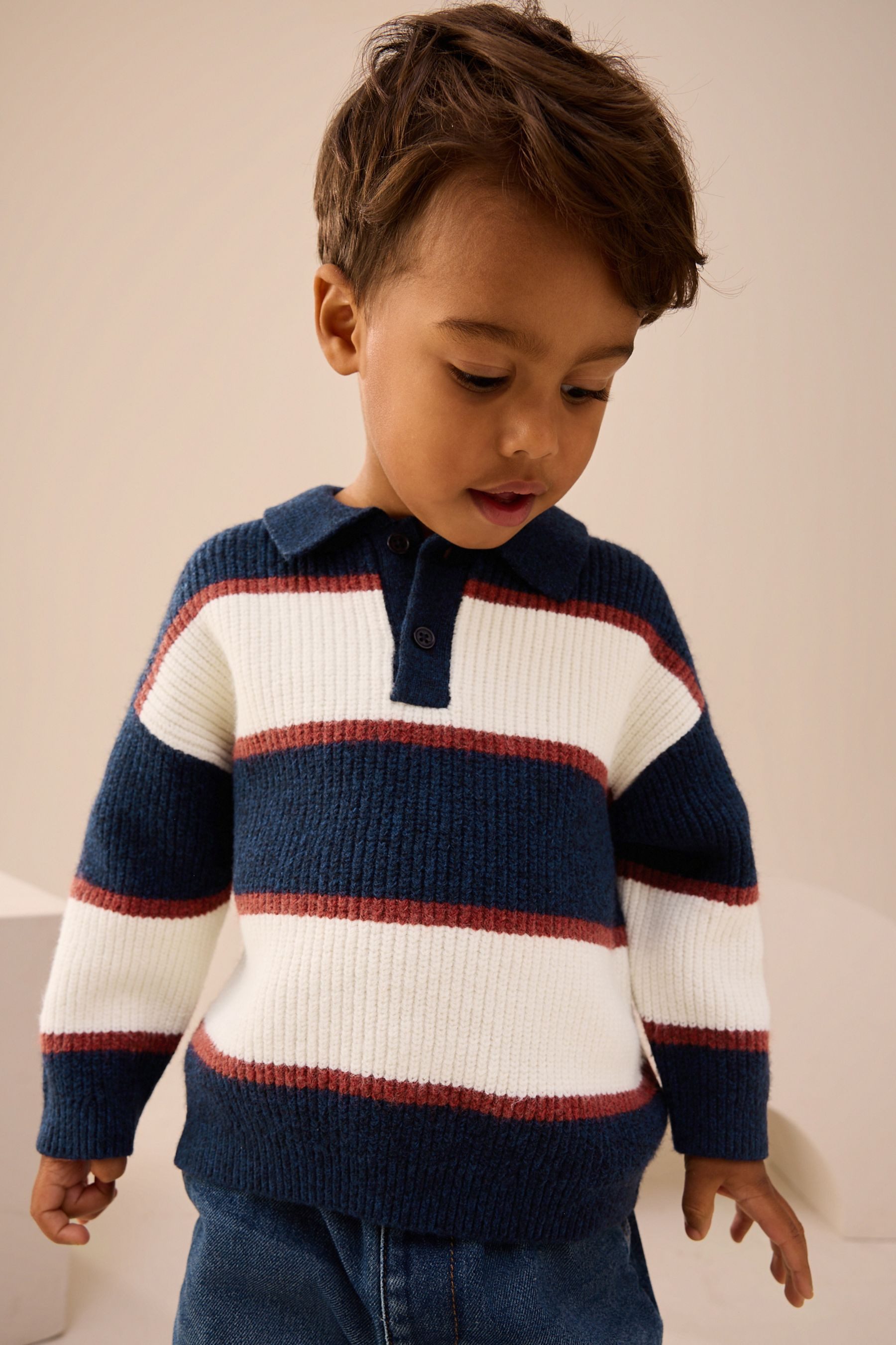 Next Polokragenpullover Gestricktes Rugby-Poloshirt mit Streifen (1-tlg)