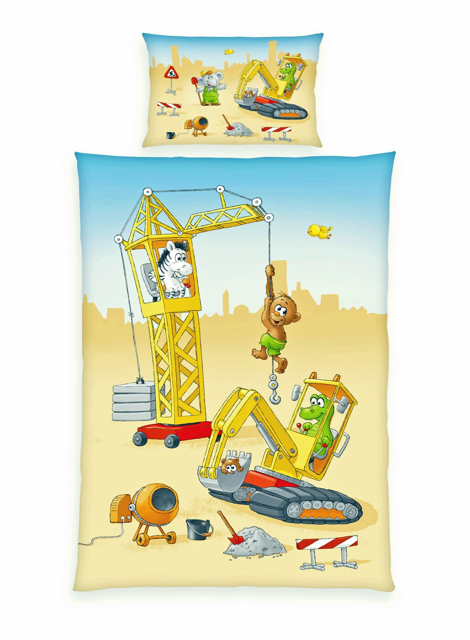 Herding Babybettwäsche 100x135cm Baustelle Bagger Kran Zootiere, Renforcé, 2 teilig, Bauarbeiten mit wilden Tieren, Wendebettwäsche