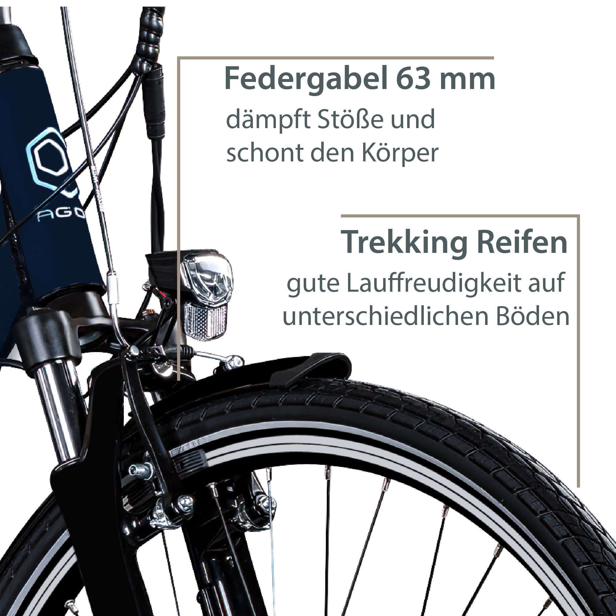 AGON E-Bike Trekkingrad Avesa, 21 Gang, Kettenschaltung, Heckmotor, 374 Wh, Pedelec, Elektrofahrrad für Damen u. Herren