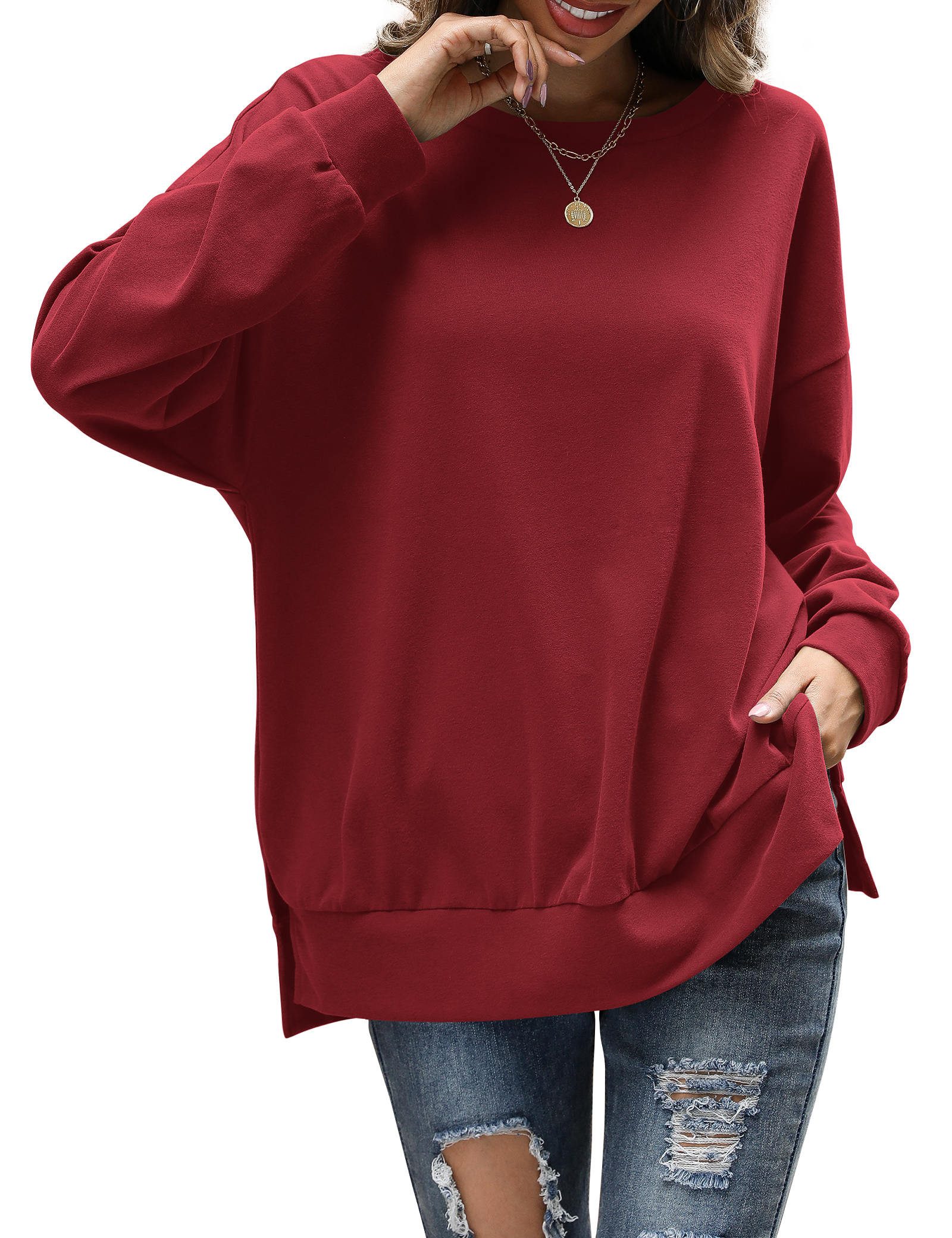 Beluring Sweatshirt Damen Sweatshirt Langarm Loose Fit Rundhals Seitenschli günstig online kaufen