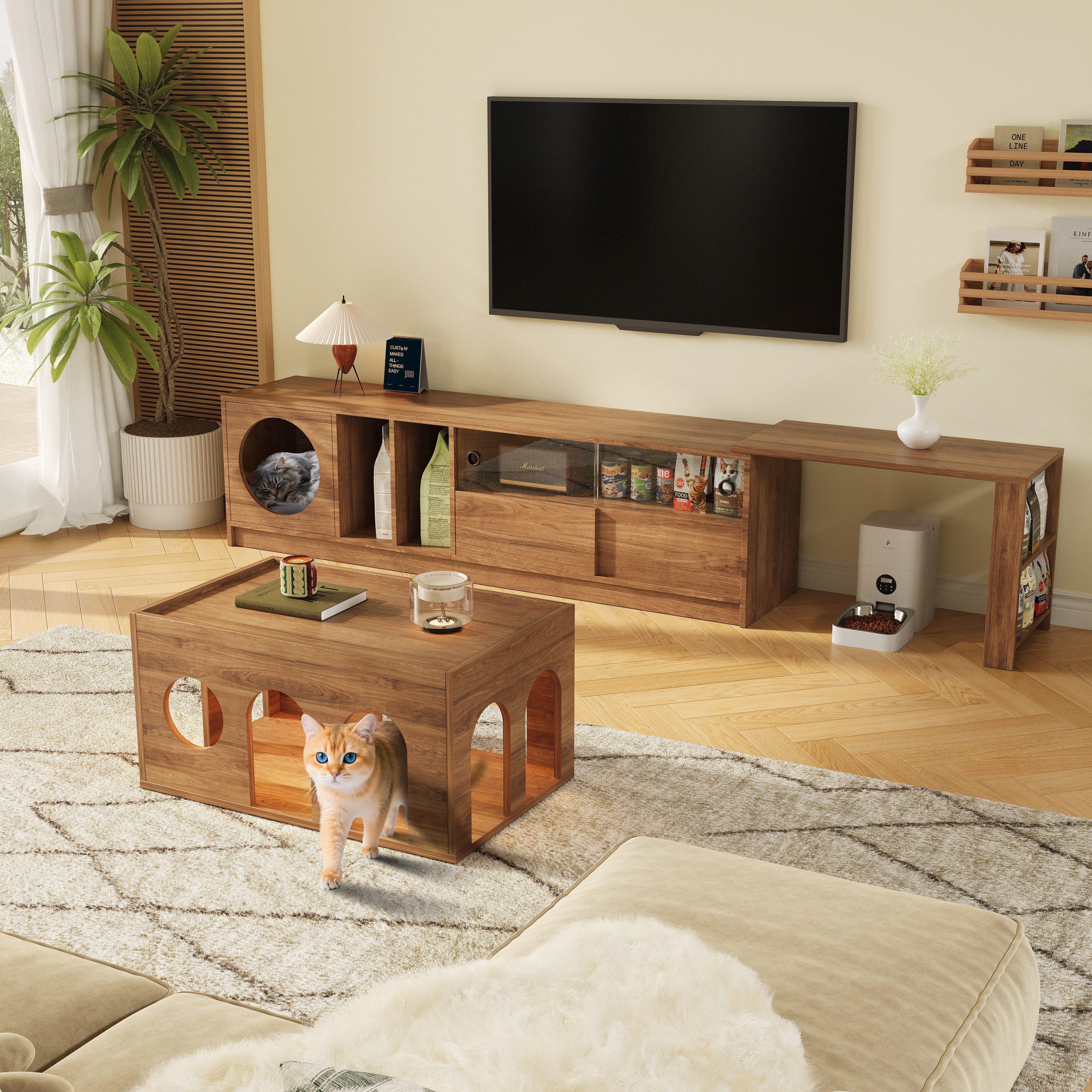 STILVORA Wohnzimmer-Set mit Haustierbereich,TV-Schrank Fernsehschrank ausziehbar mit Glastüren, (Wohnzimmermöbel, Fernsehtisch, 1-St., aus Nussbaumholz, temperierten Glas-Türen), mit Katzenruhebereich, Stauraum