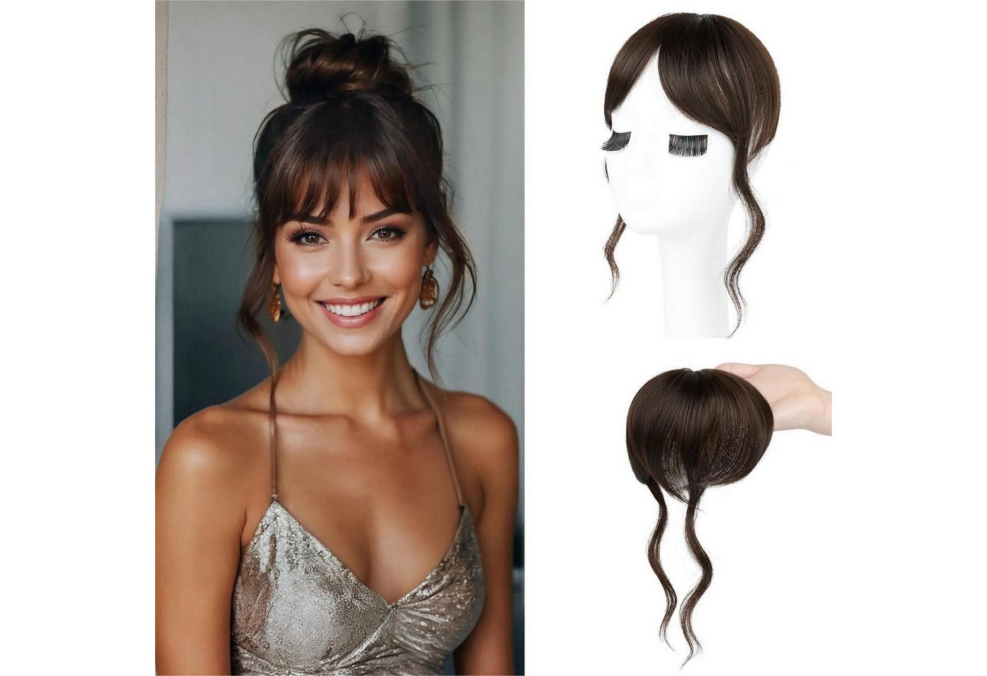 LuxusKollektion Kunsthaar-Extension Haarteile Clip in Bangs Pony Schläfenpartie Frauen 30 CM Dunkelbraun
