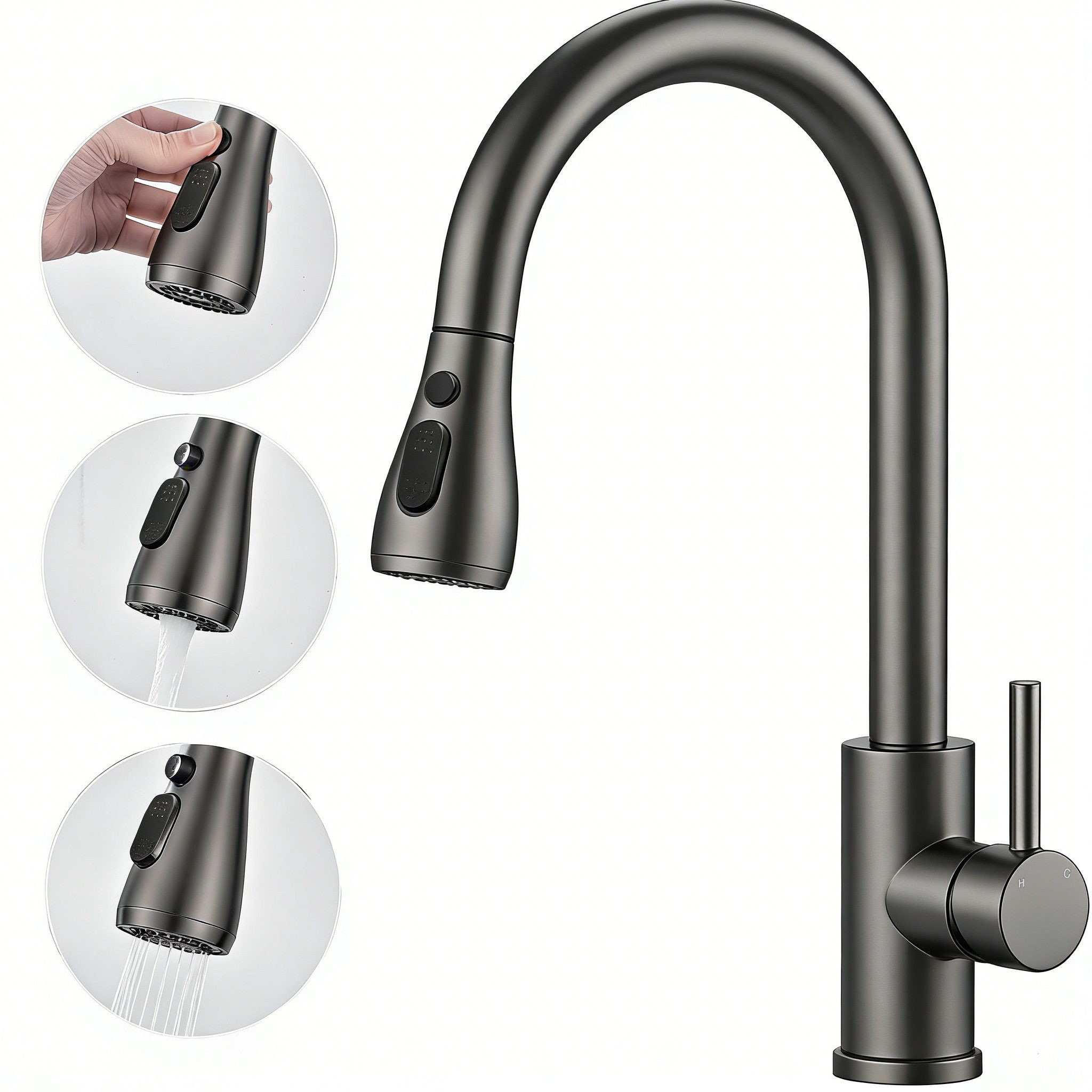 AICA Küchenarmatur Wasserhahn Küche,Spültischarmatur Ausziehbar,Armatur Küche 360° Hochdruck-Einhebelarmatur aus Edelstahl, schwenkbar mit Brause