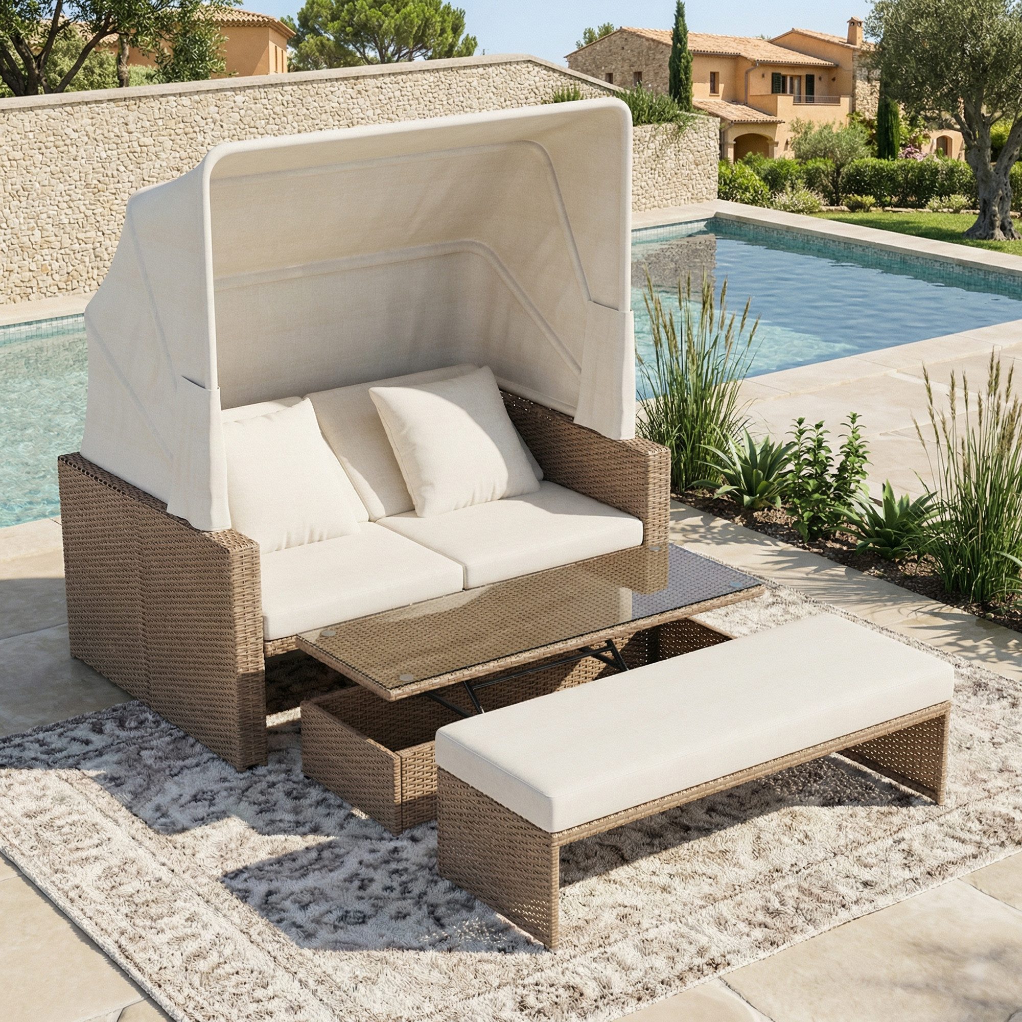 Flieks Gartenliege Gartenmöbel für 2-4 Personen, Polyrattan Gartensofa mit verstellbarem Couchtisch abnehmbarer Markise