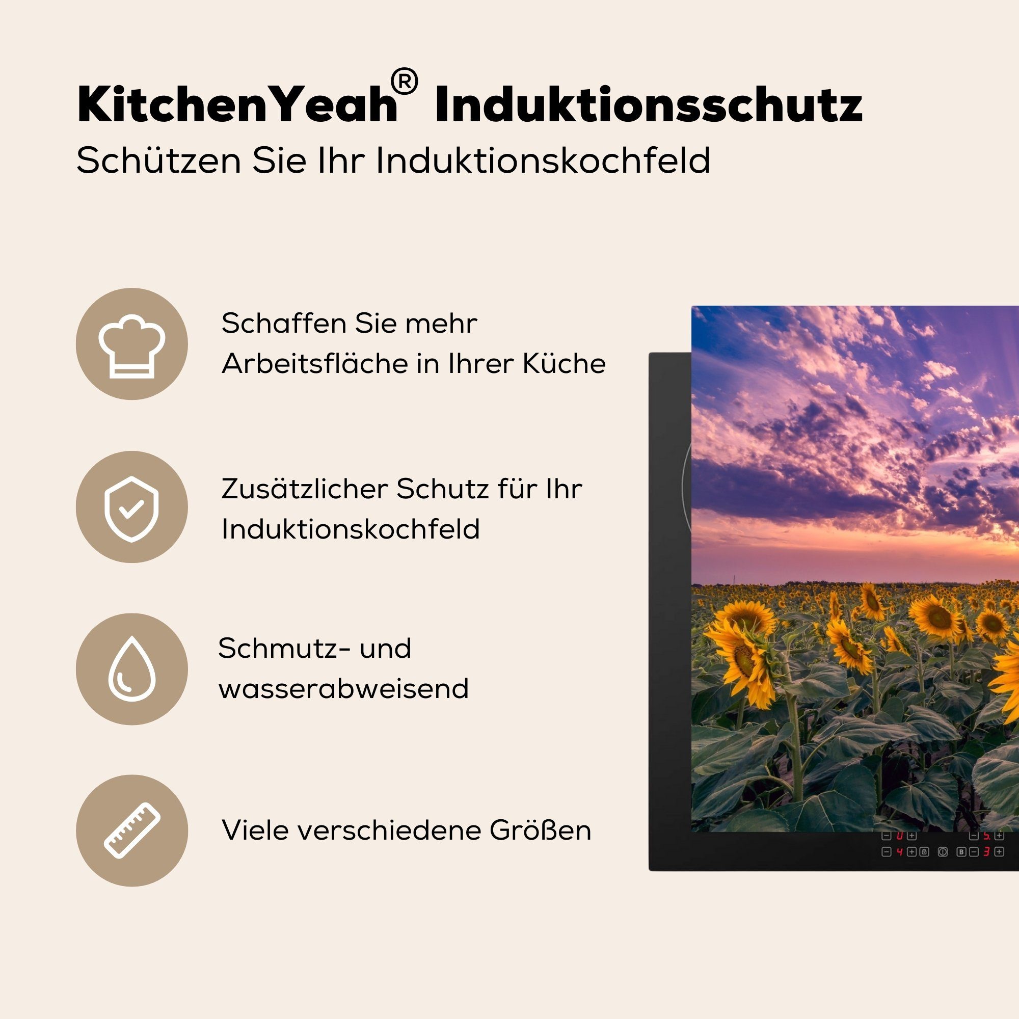 tlg), MuchoWow - die - Lila Schutz Himmel Ceranfeldabdeckung cm, Vinyl, Induktionskochfeld Sonnenuntergang, (1 küche, für - Herdblende-/Abdeckplatte Blumen 81x52