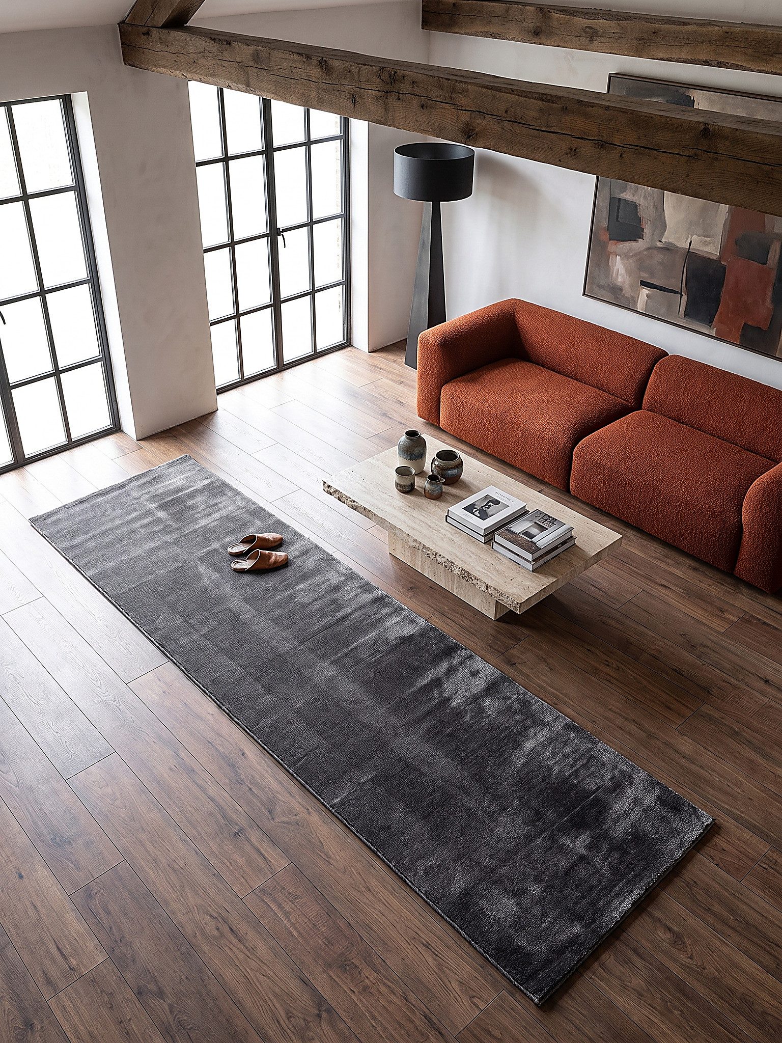 KADIMA DESIGN Teppich ALDAN Teppichläufer Anthrazit 60x110 Uni Polyester Antirutsch, Läufer, Höhe: 18 mm, Trittschalldämmend, Strapazierfähig, Pflegeleicht, Far – Bild 2 von 5