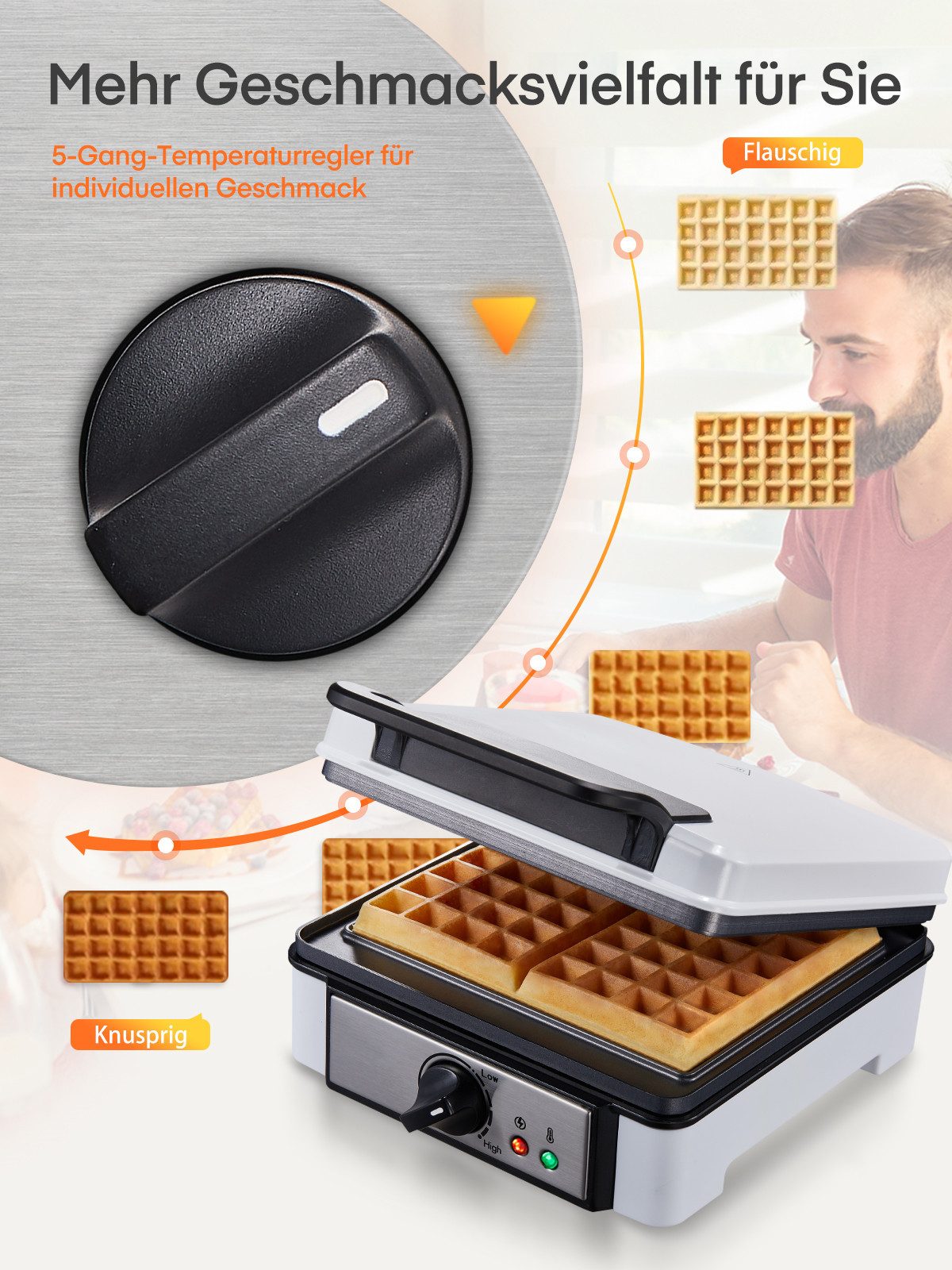 FOHERE Waffeleisen XL 2er Waffeleisen, Paninigrill, Waffeltoaster mit Elektrogrill, 1200 W, mit Antihaftbeschichtung und Rutschfüße