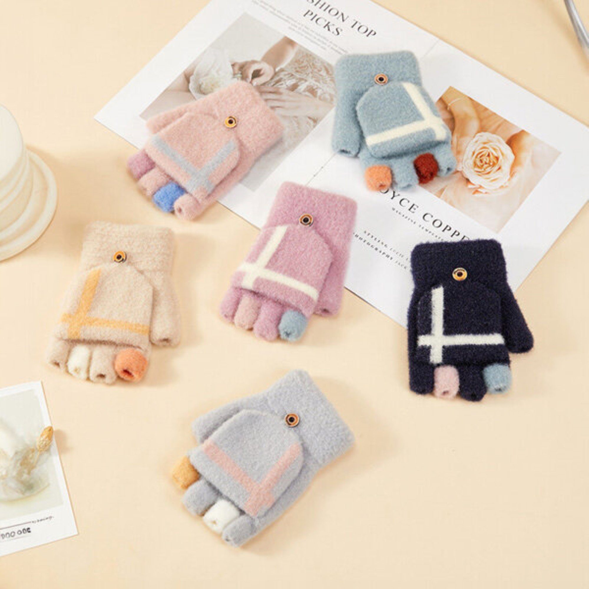 COFI 1453 Fäustlinge Winter-Telefonhandschuhe für Damen und Kinder mit Muster und Knöpfe