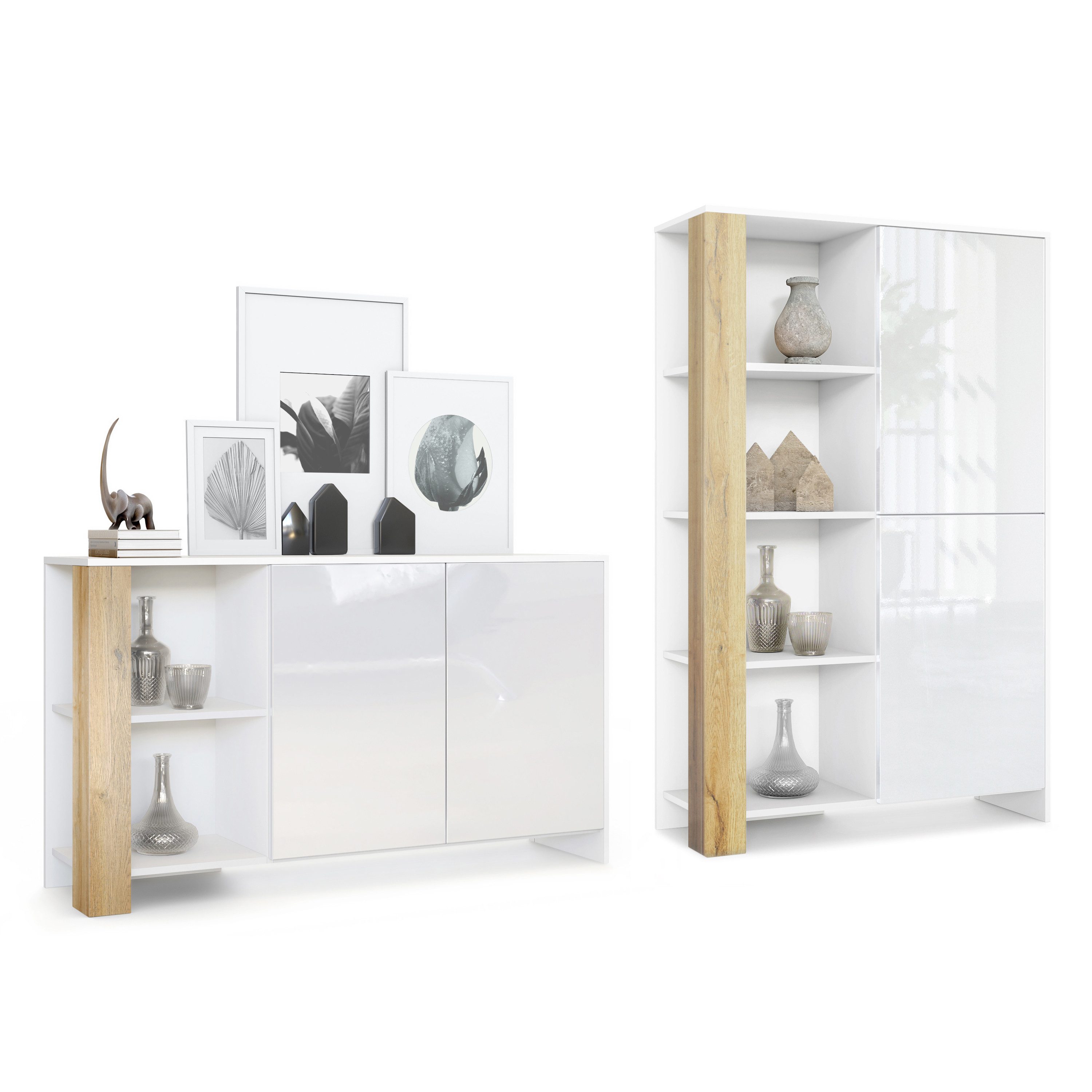 Vladon Wohnwand Venedig, (Wohnraum Set, bestehend aus 1 Highboard und 1 Sideboard), Weiß matt, Weiß Hochglanz, Eiche Natur