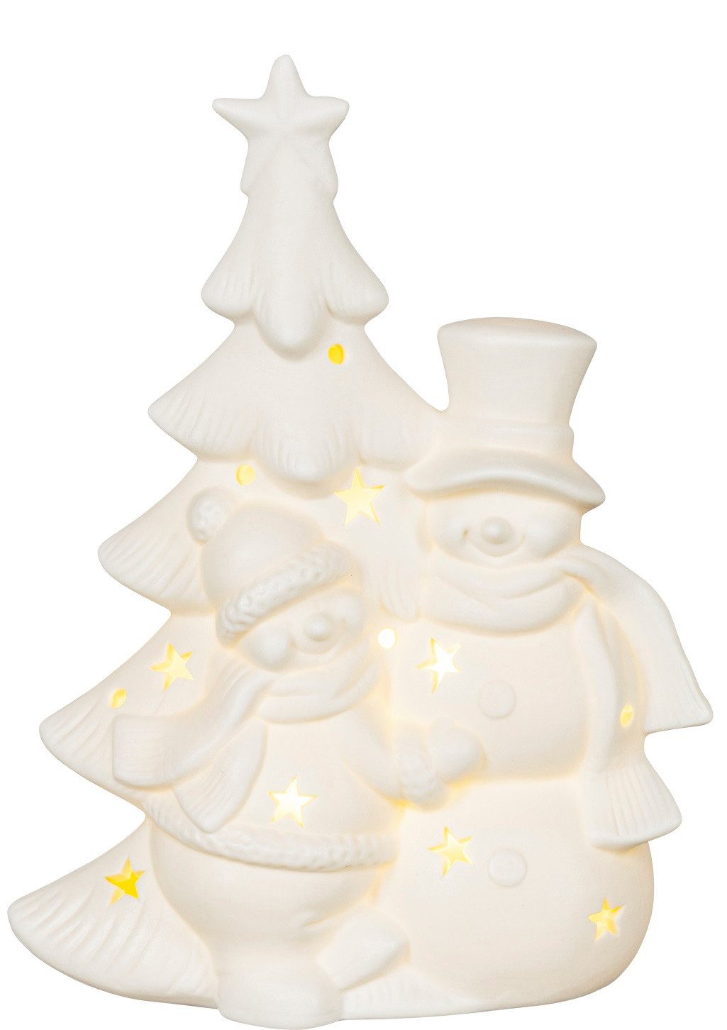HGD Dekofigur LED-Porzellanfigur - Schneemann mit Weihnachtsbaum - in Weiß, für Fensterbank, Tisch oder als Teil einer weihnachtlichen Szene