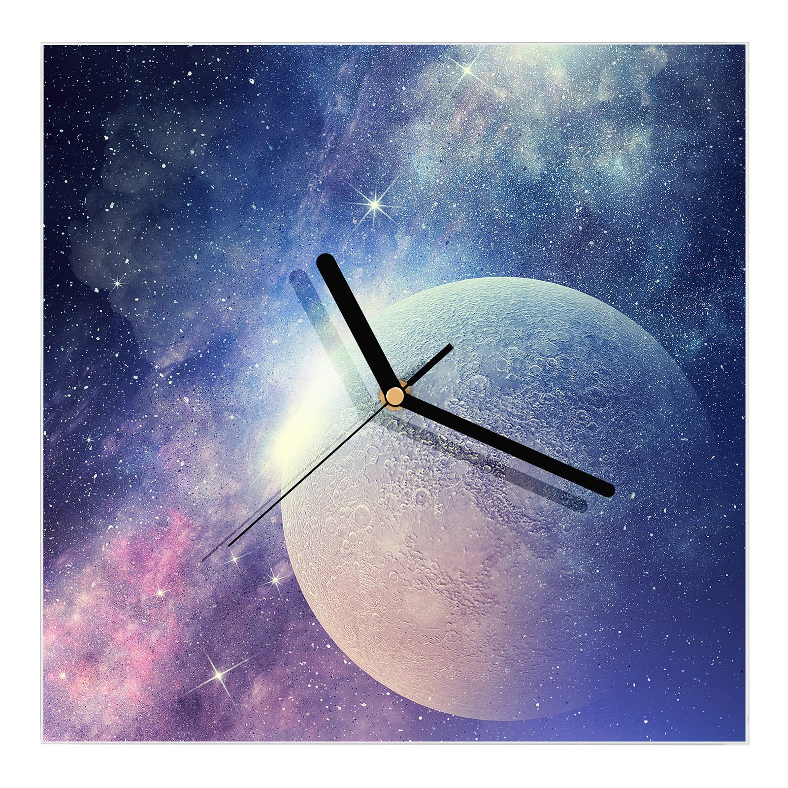 Primedeco Wanduhr Glasuhr Wanduhr Wandkunst Größe 30 x 30 cm mit Motiv Mond im Nebelschein