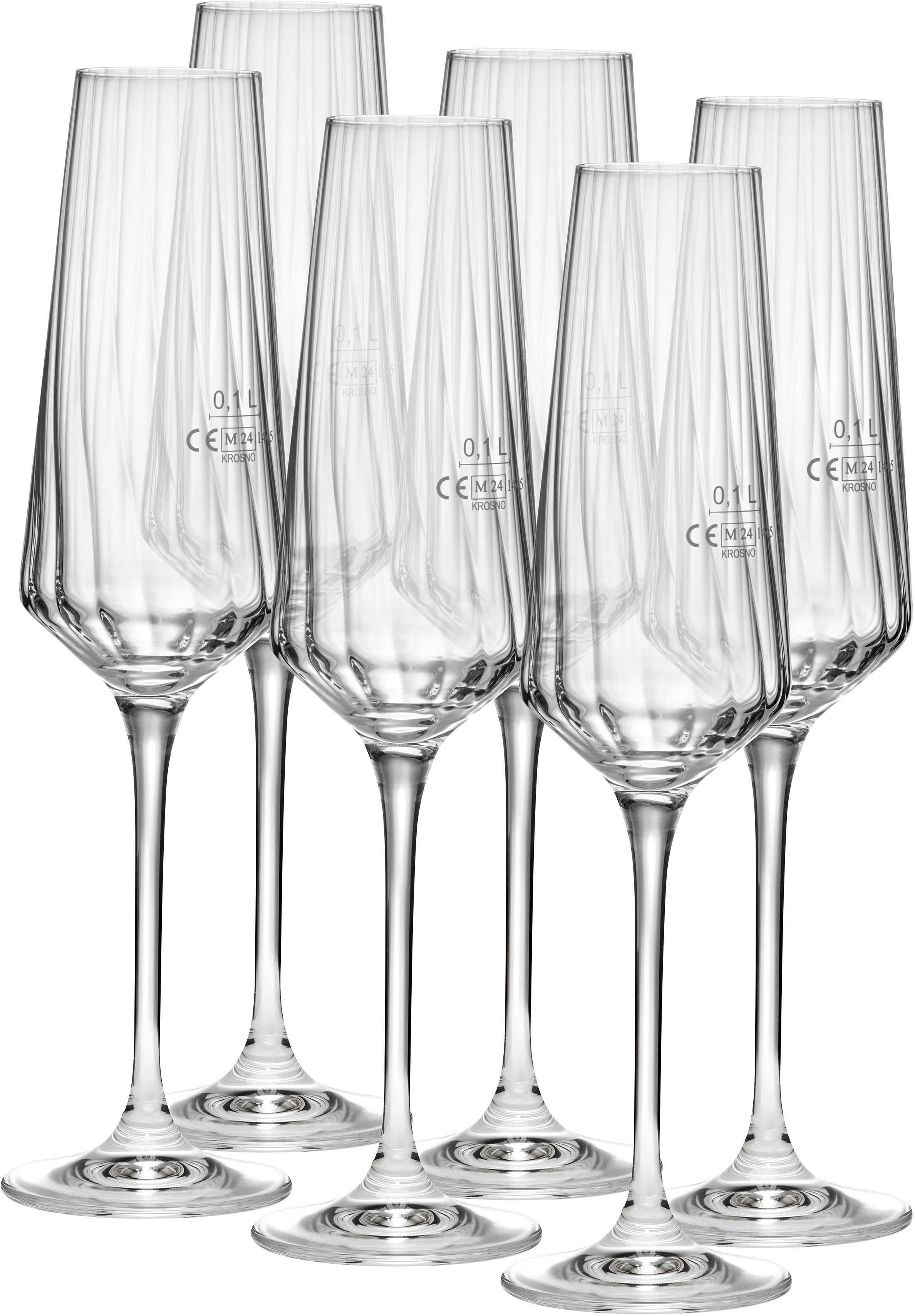 van Well Sektglas Eva, Sektgläser 20 cl geeicht, 6 Stück, 6-tlg., Kristallglas, Relief-Optik, spülmaschinengeeignet