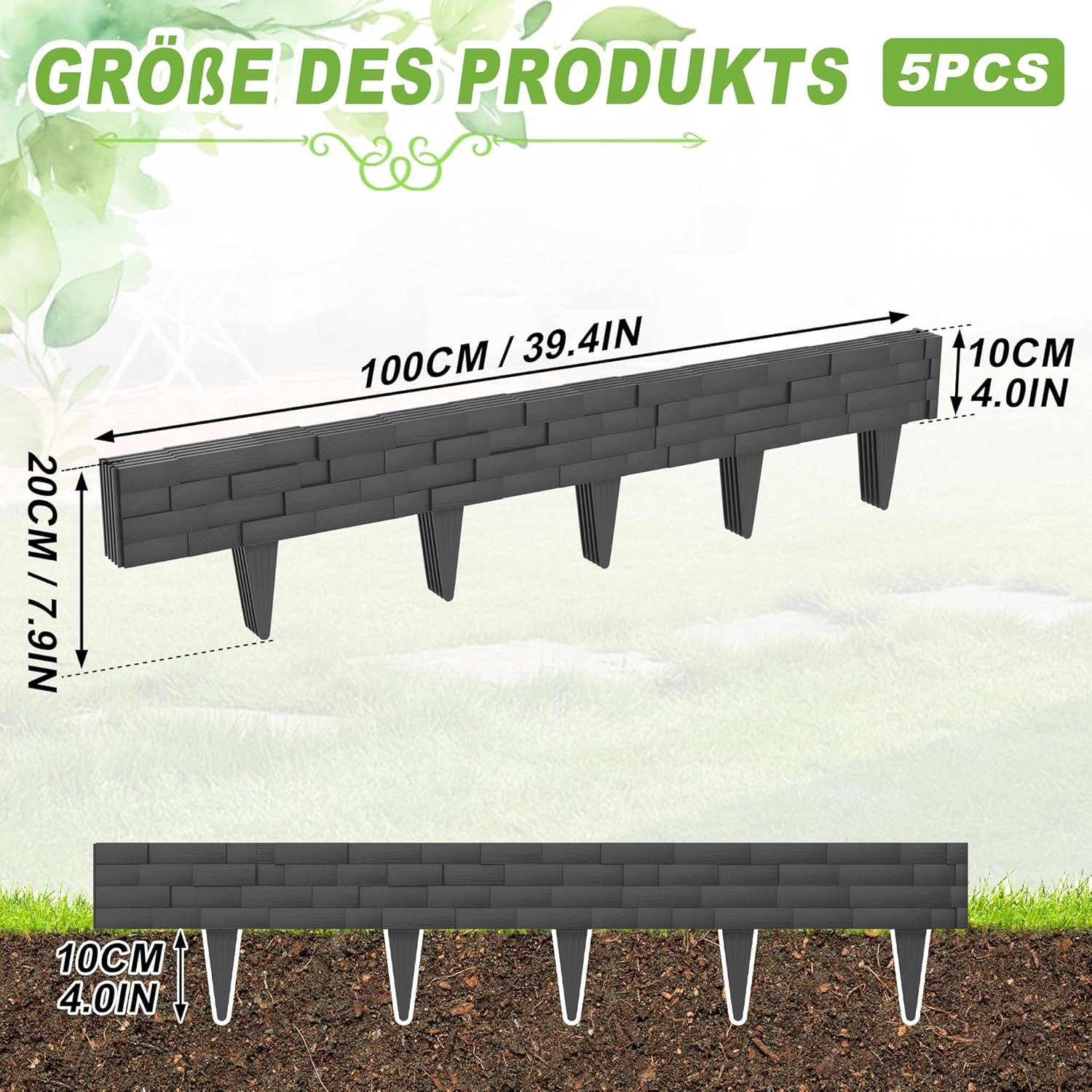 FIVMEN Rasenkante Rasenkanten Kunststoff Beeteinfassung Beetumrandung 5m/10m, 5 stücke/10 stücke, in Kunststeinfliese Mähkante Anthrazit/Braun