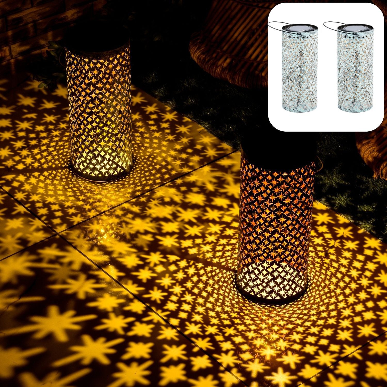 Marrakesch Orient & Mediterran Interior LED Solarleuchte 2er Set Vintage Solarlaterne Solar Laterne Windlicht Outdoor Grün, LED fest integriert, Hängeleuchte