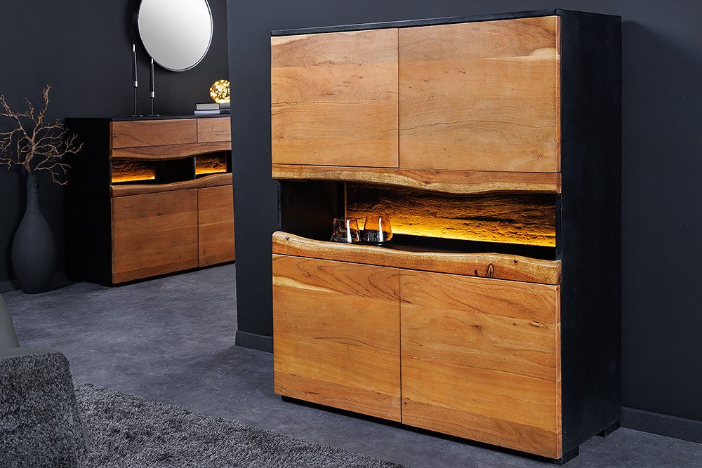 riess-ambiente Highboard GRAND ACACIA 120cm braun / schwarz (Einzelartikel, 1 St), Massivholz · Schrank · Baumkante · handmade · mit Beleuchtung · Design