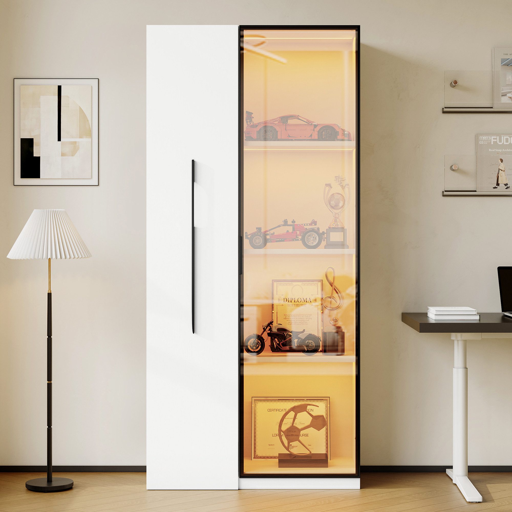 Flieks Glasvitrine mit Rollen und LED-Beleuchtung Hochschrank (1-St., B70/T40/H160 cm) Bücherregal Standvitrine Sammelvitrine mit Schublade & Glastür