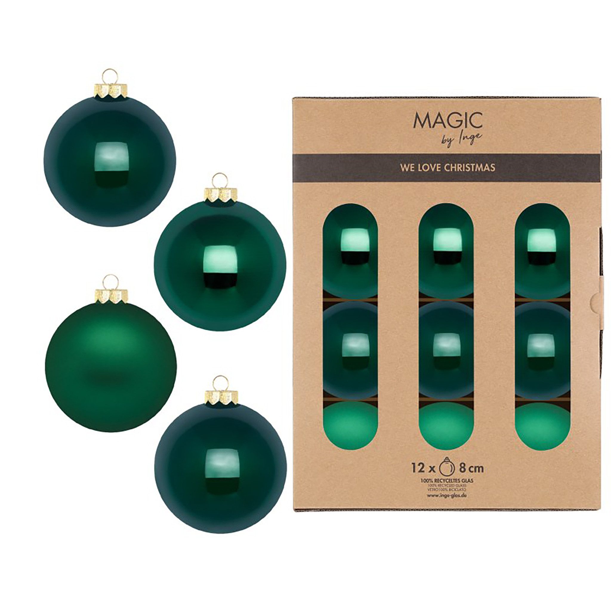 Holly & Jolly Weihnachtsbaumkugel, Weihnachtskugeln Glas 8cm 12 Stück - Fir Green