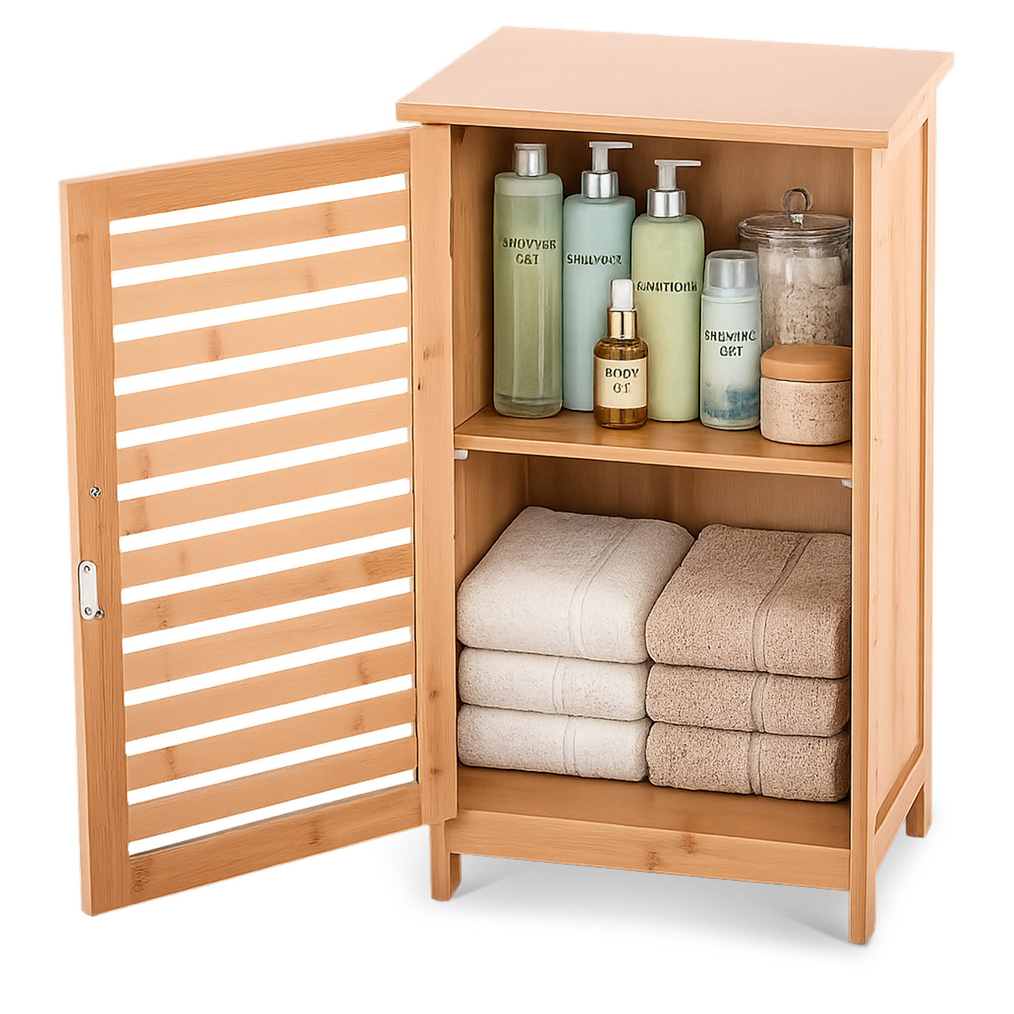 Raburg Hochschrank Badezimmerschrank, Bambus, Kivo 2 Lamellentüren & 6 Fächer, für Bad, Flur oder Küche, zeitloses Design