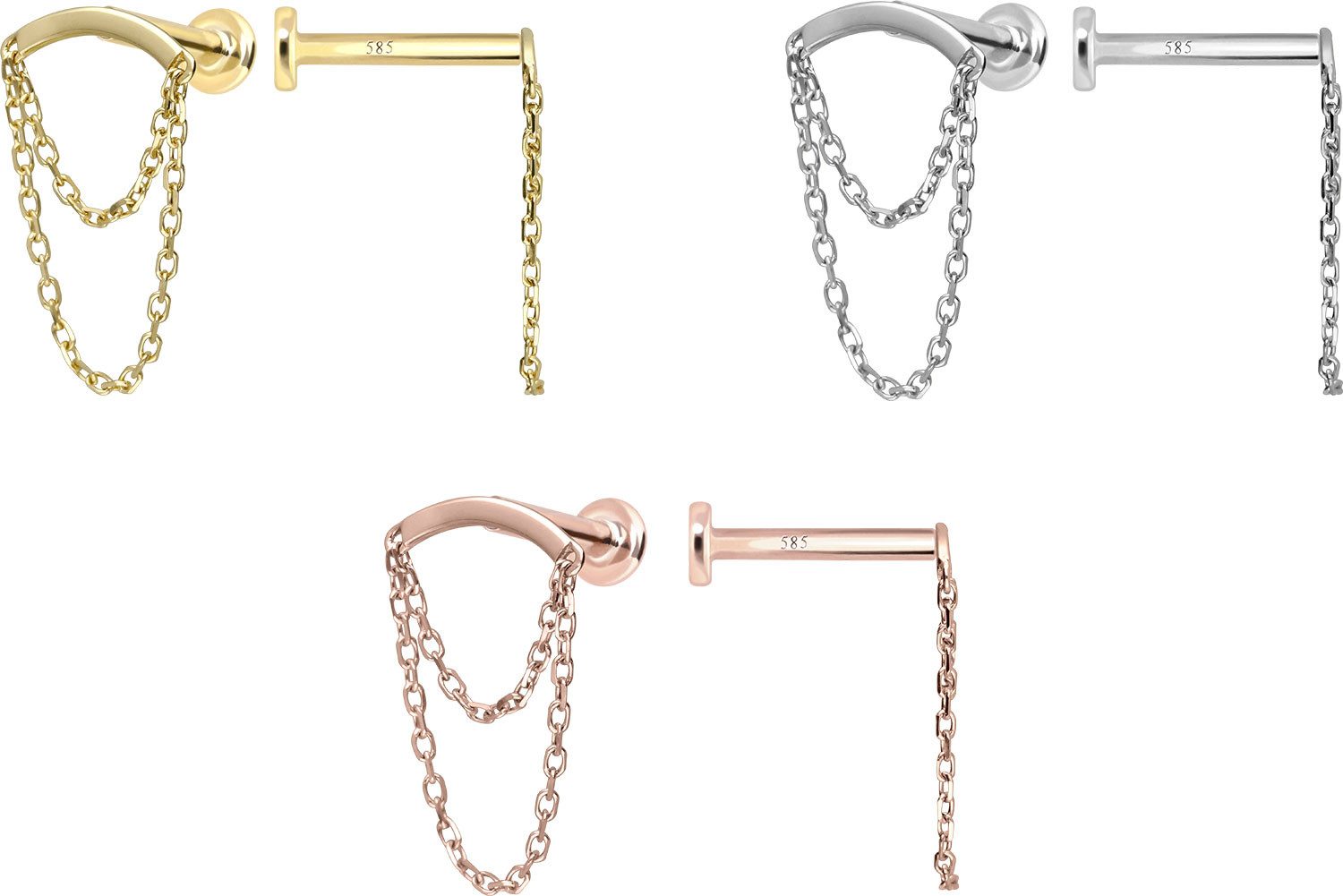PIERCINGLINE Piercing-Set 14 Karat Gold Labret mit Innengewinde BOGEN + 2 KETTEN (Labrets, 1-tlg)