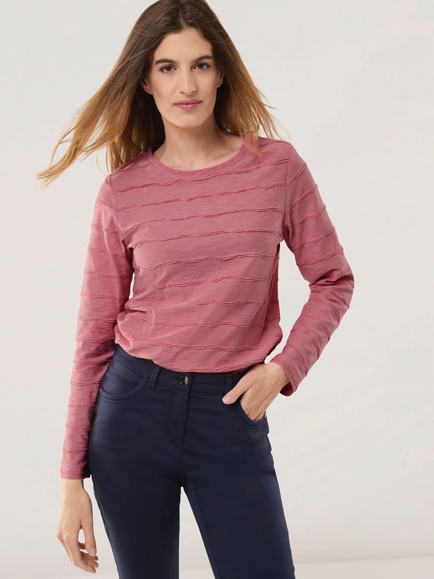 Walbusch Langarmshirt Damen Baumwollshirt Streifenstruktur LA Rundhals Langarm 100% Baumwolle, atmungsaktiv, pflegeleicht, komfortable Passform