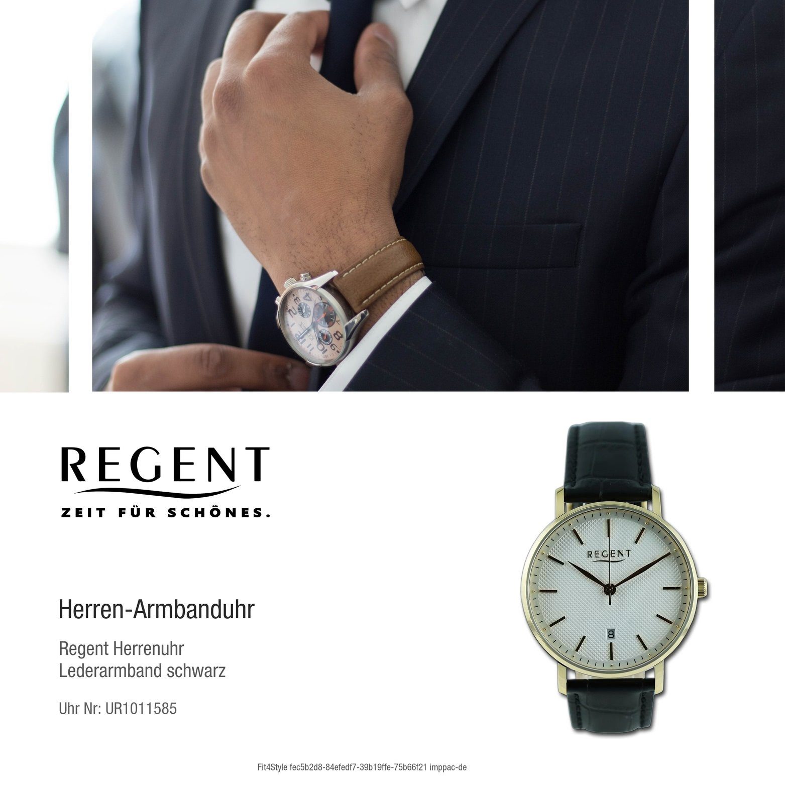 Regent Quarzuhr Regent Lederarmband, Armbanduhr Herren rundes Gehäuse, 39mm) extra groß (ca. Herrenuhr Analog