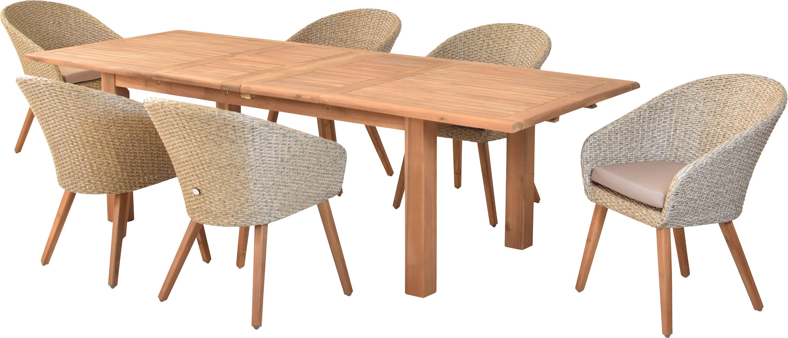 MERXX Garten-Essgruppe »Arrone«, (Set, 7-tlg., Tisch doppelt ausziehbar: 100x 180/220/260x 75 cm), Sesselbeine aus Akazienholz, Beine 9x9 cm, Tischplatte 3 cm