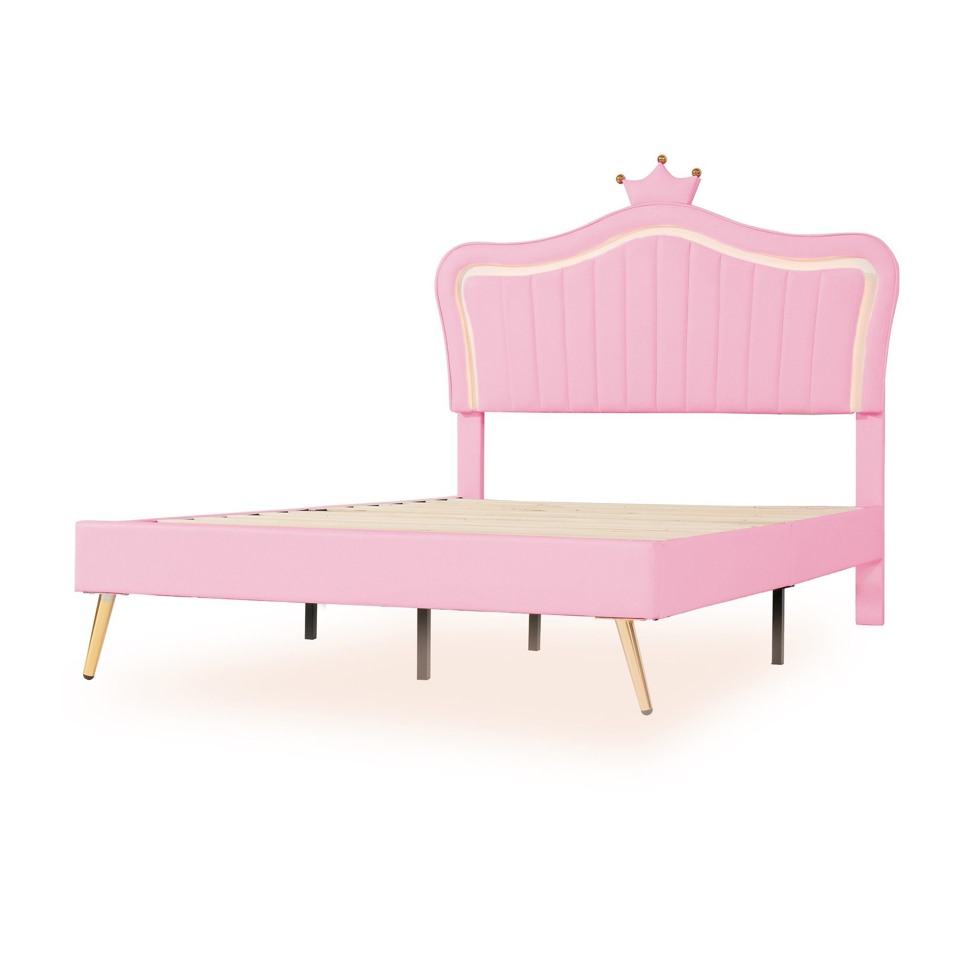 Polsterbett (Doppelbett mit LED Beleuchtung und Lattenrost), Krone Kinderbett für Mädchen, Kunstleder, 140x200cm