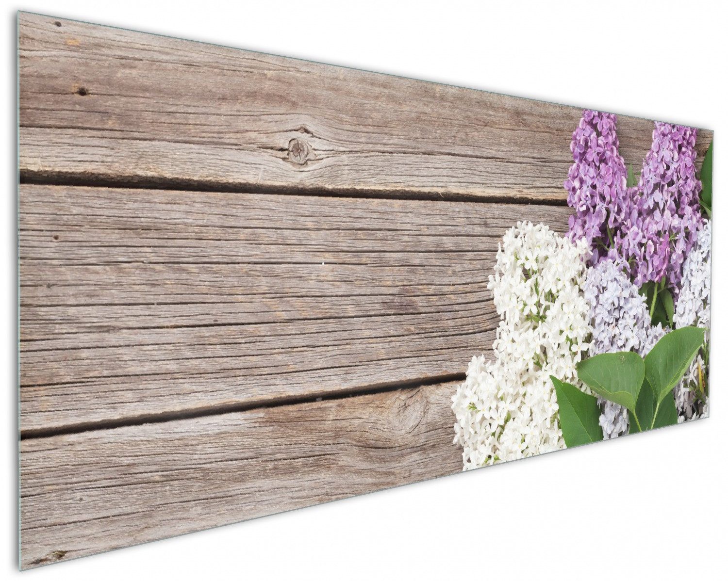 Wallario Küchenrückwand Fliederblüten auf Holz, (1-tlg)