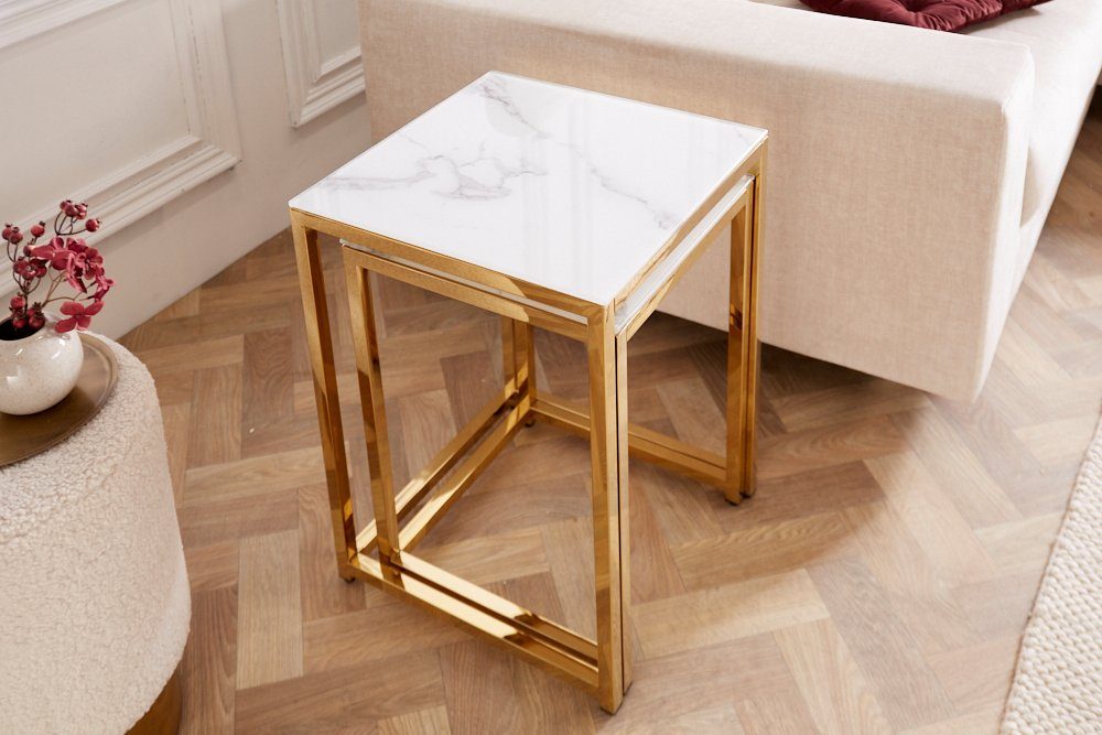 (Set, Kristallglas eckig · · weiß / ELEGANCE · 2-St), Barock 40cm · riess-ambiente · Beistelltisch gold Metall Wohnzimmer Marmor-Dekor