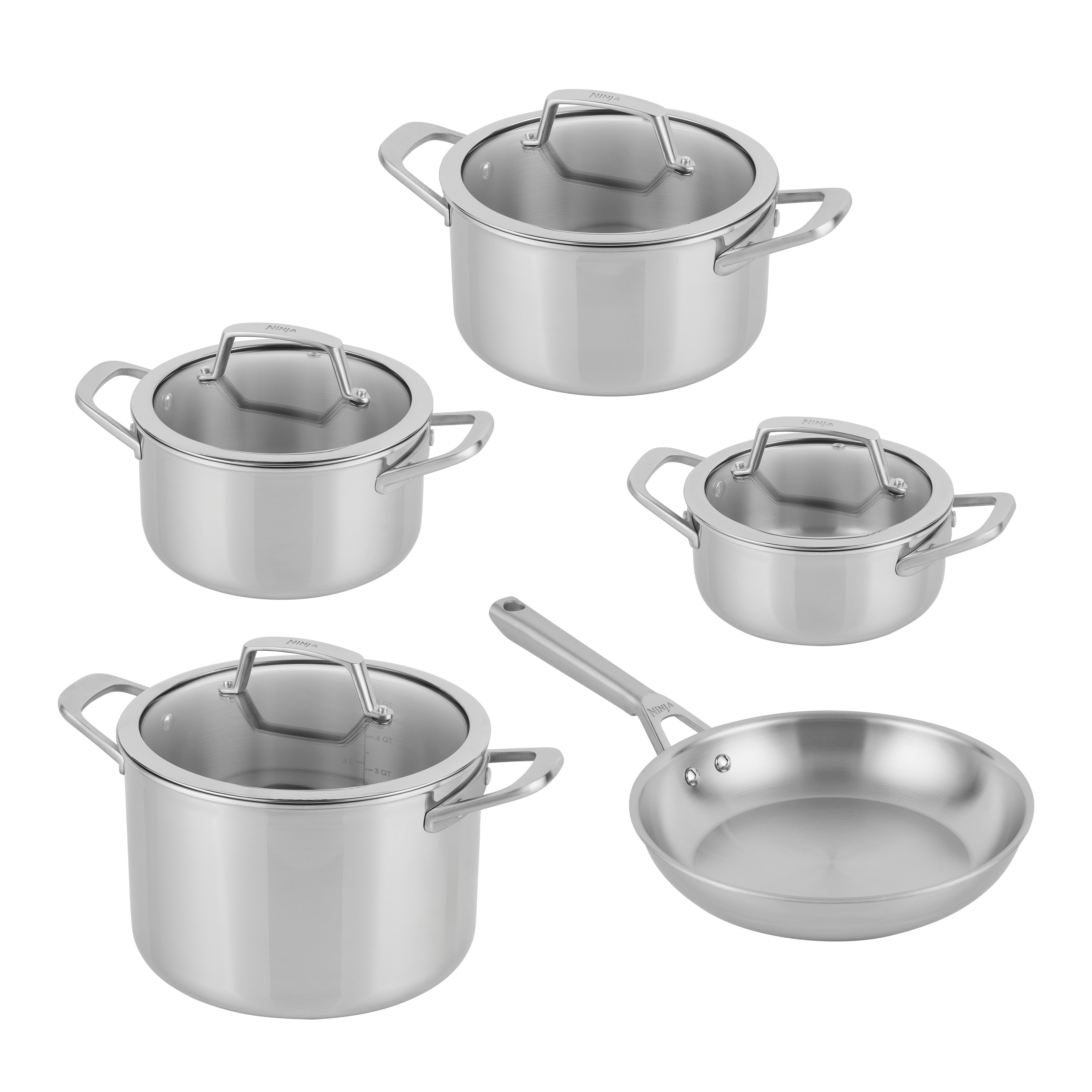 NINJA Topf-Set Ninja EverClad 5-teiliges Set aus Edelstahl C95000DE, Edelstahl (Set, 5-tlg., je 1 Kochtopf Ø 16, 18, 20, 24 cm, 1 Bratpfanne), Entwickelt für den Einsatz unter schwierigsten Kochbedingungen