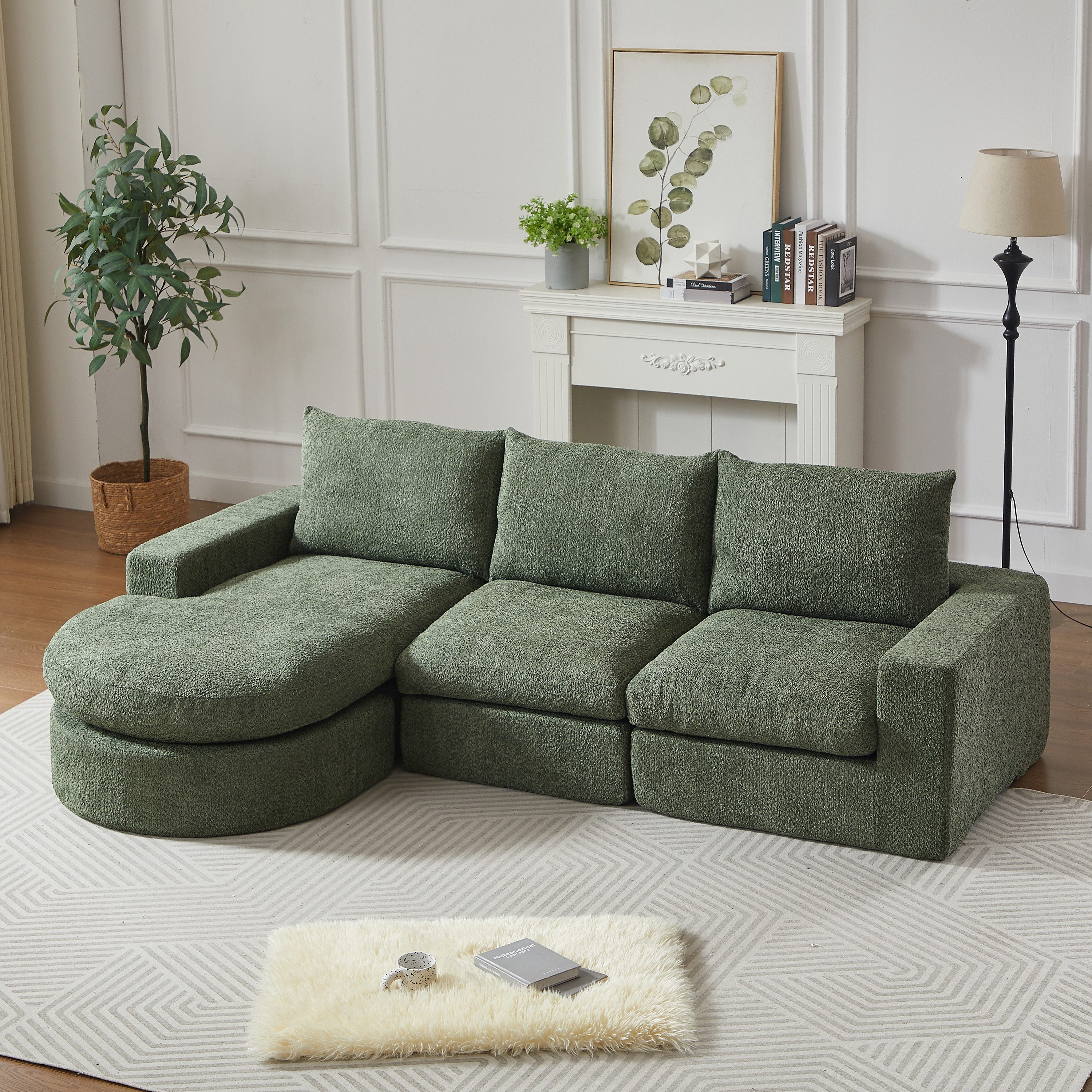 MODFU Sofa Modulares Chenille-Sofa mit Nackenkissen, L-Liegestuhl, ohne Gestell & Montage, komfortabel 1 Teile, mit Relaxfunktion